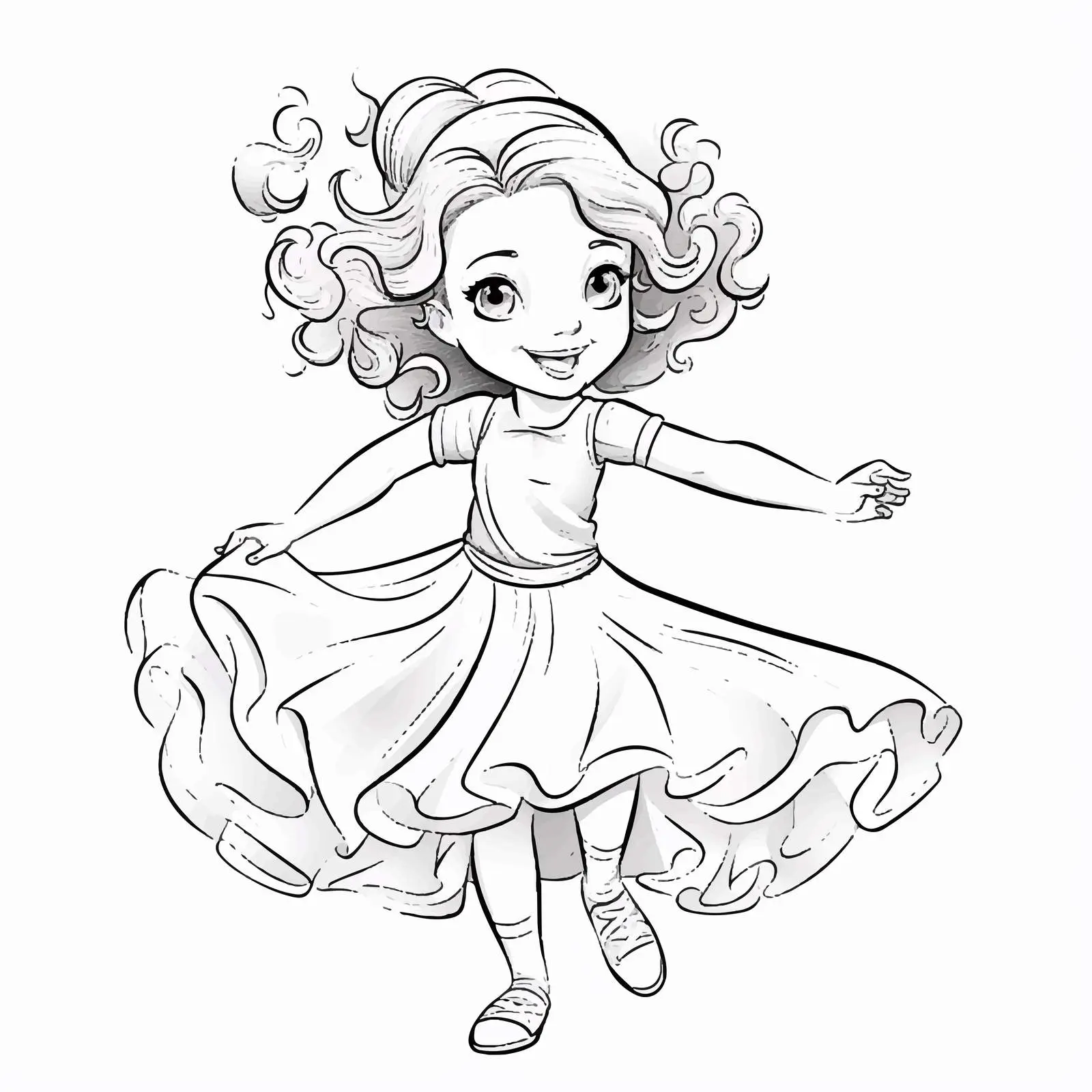 Joyful Cartoon Girl Dancing Coloring Outline — free download from Dotvec