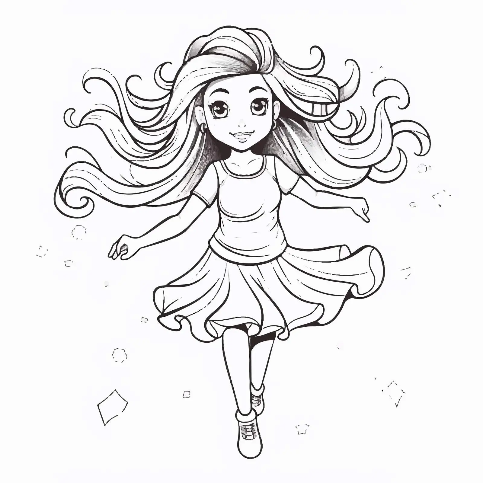 Joyful Cartoon Girl Dancing Coloring Outline — free download from Dotvec