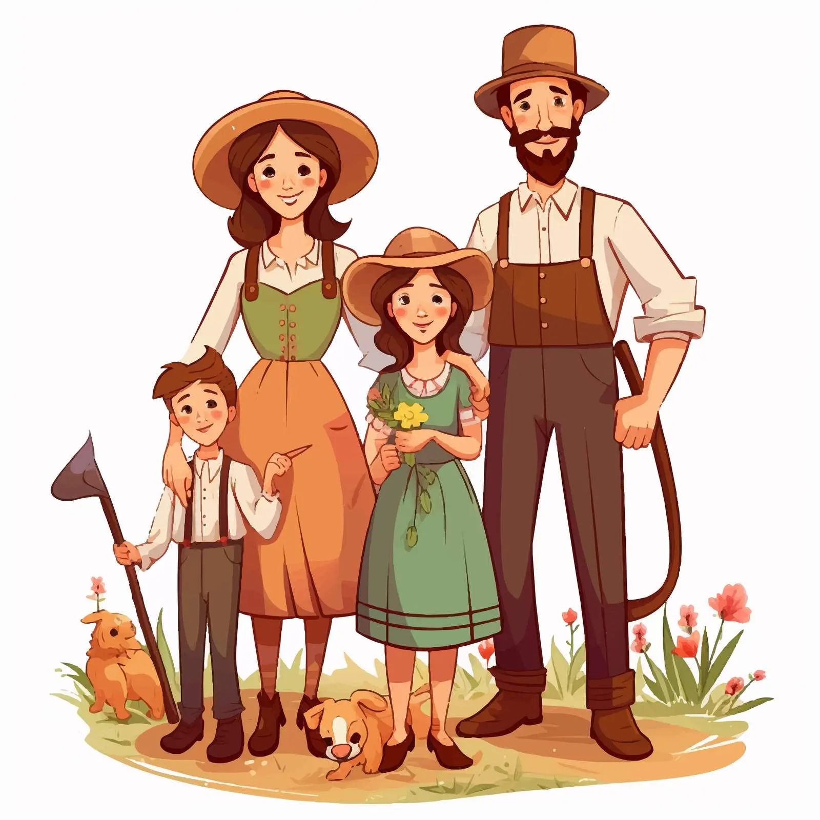 Joyful Family of Farmers in Vector Cartoon Style – free wholesome living image from Dotvec