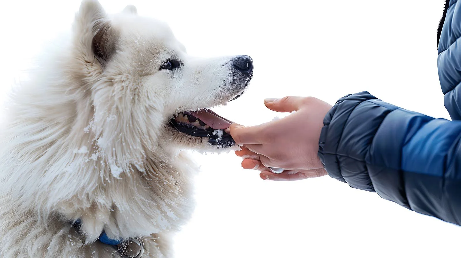 Winter Scene: Man Feeding Samoyed Outdoors — free download from Dotvec