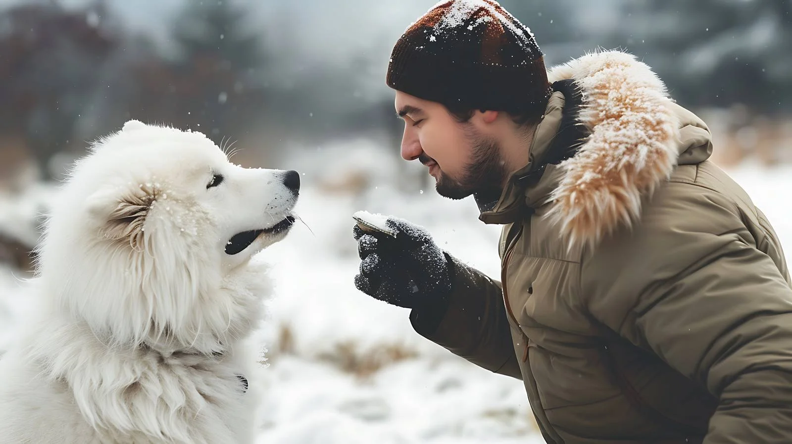 Winter bonding: Man feeds Samoyed dog — free download from Dotvec