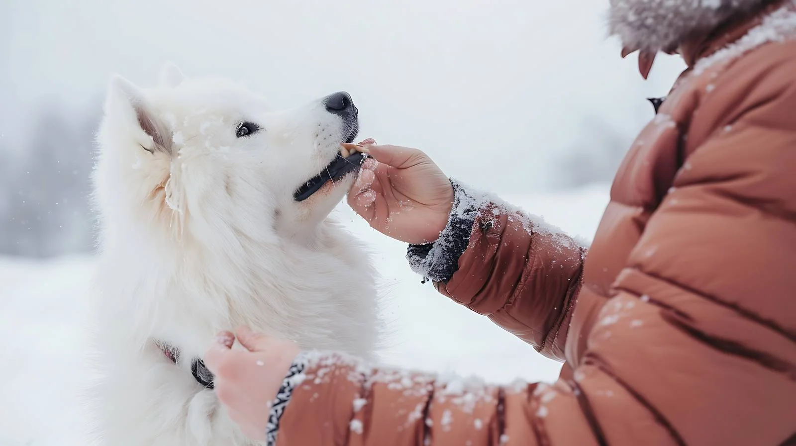 Man hand-feeds Samoyed dog on frosty day – free trusting image from Dotvec