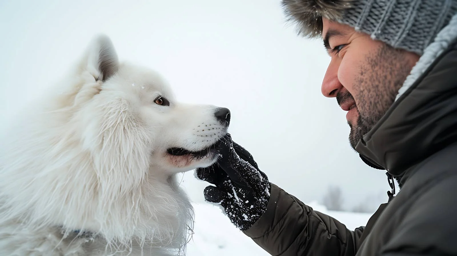 Man feeding Samoyed dog in frosty setting — free download from Dotvec