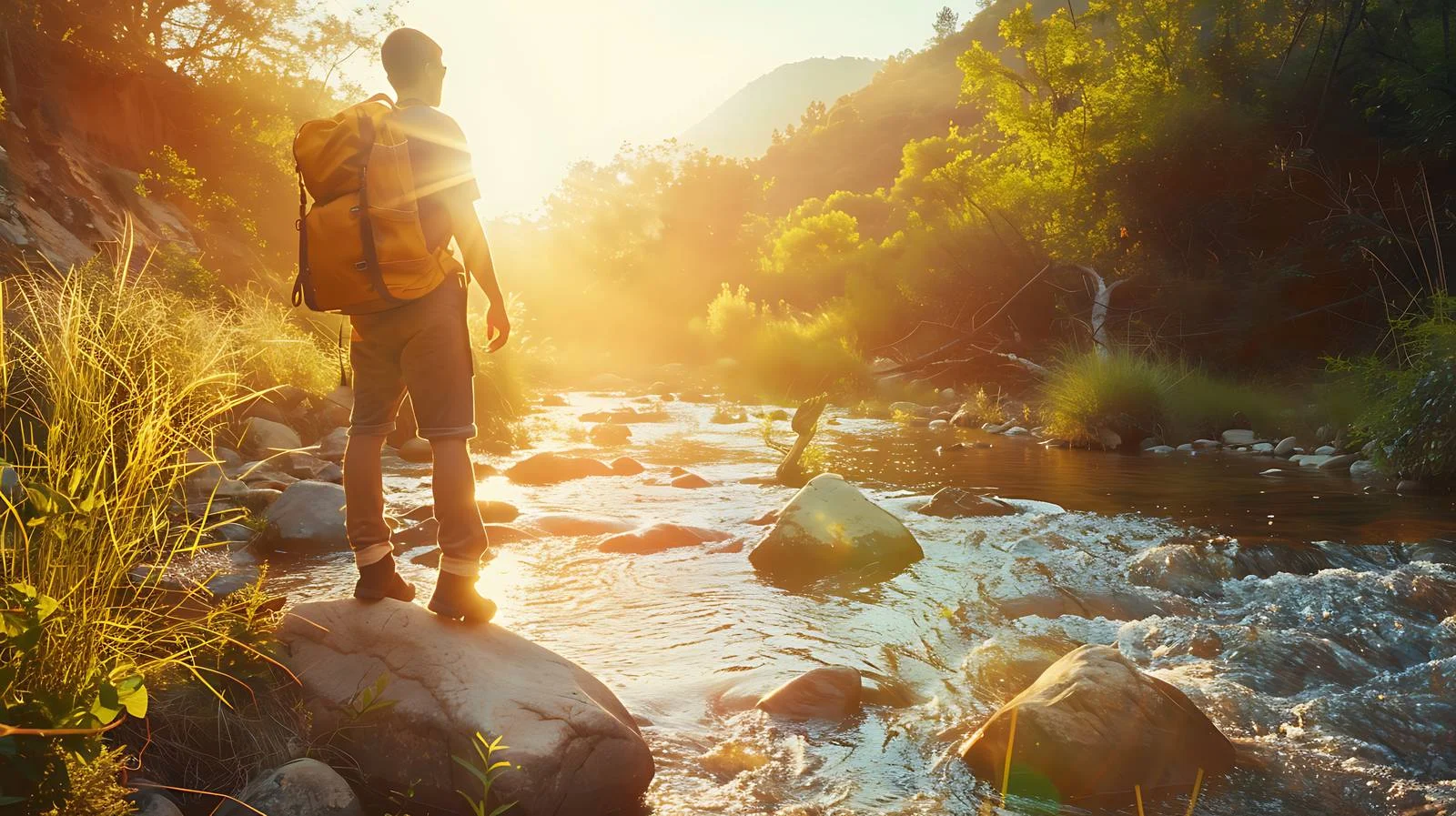 Man on Stone Overlooking Stream — free download from Dotvec