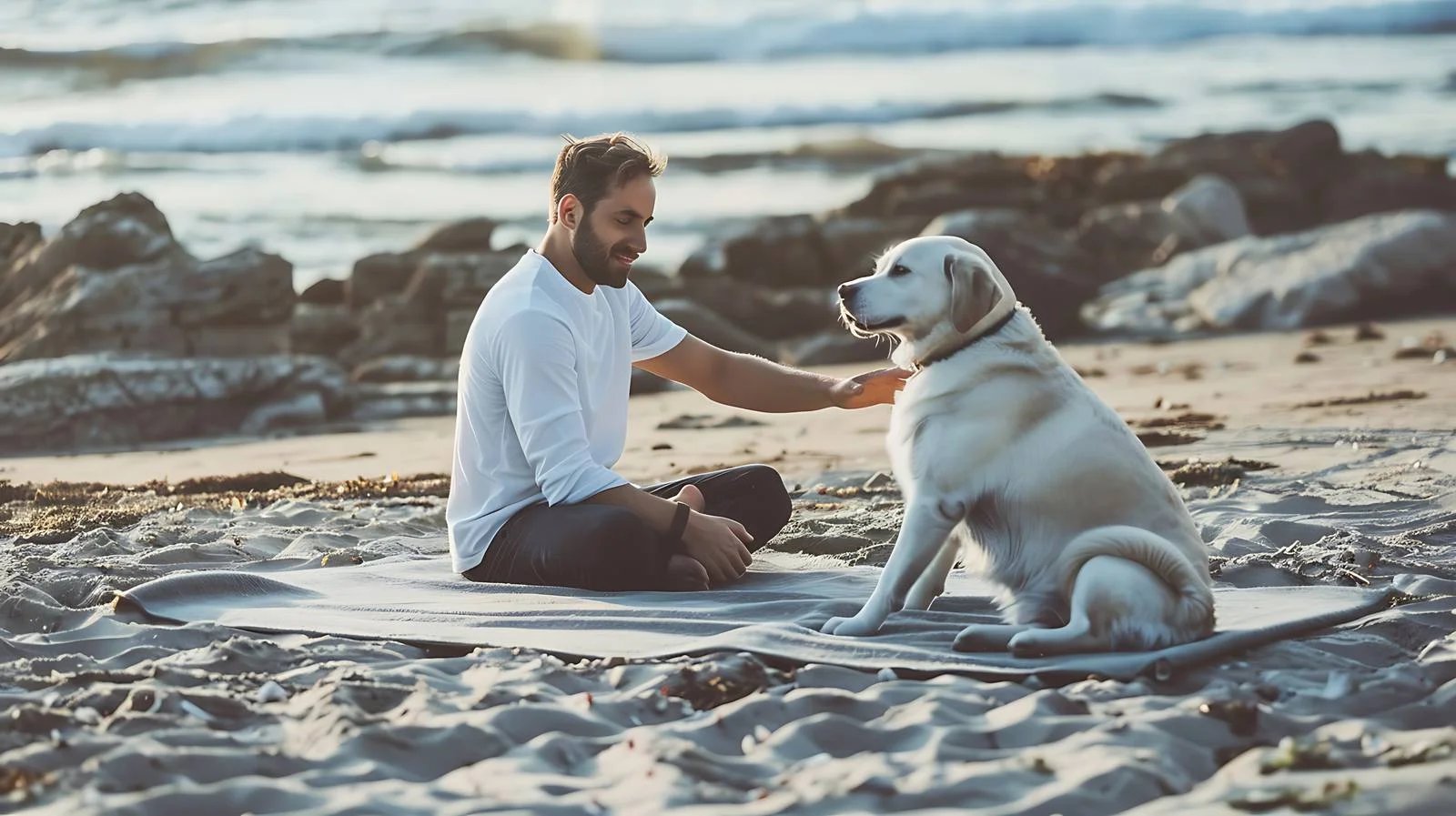 Man Sitting and Petting Dog on Mat — free download from Dotvec