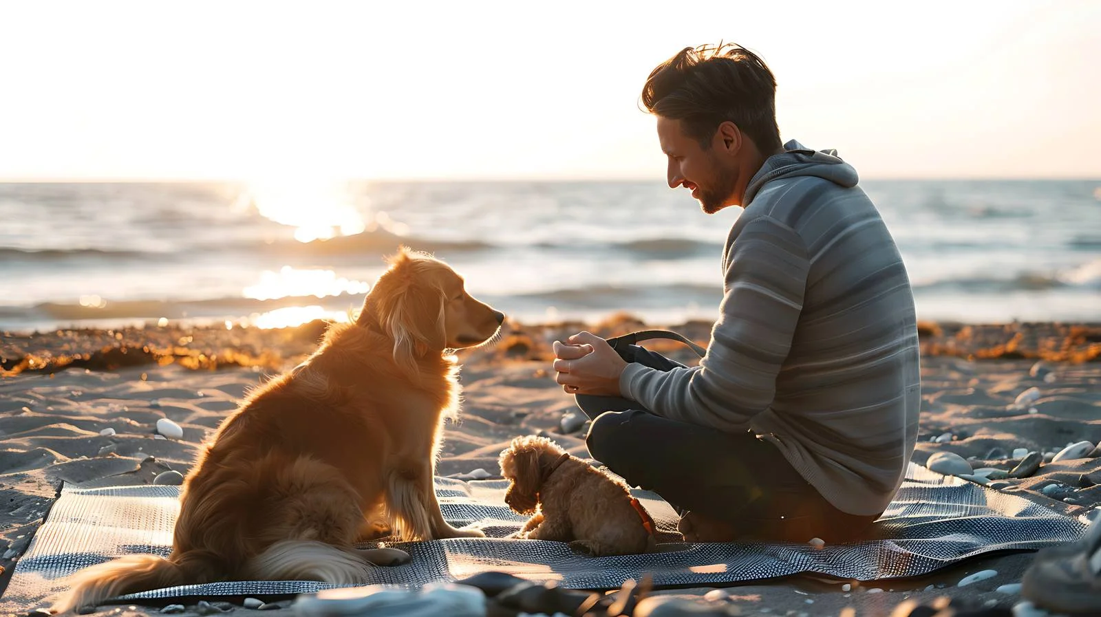 Man with Dog Play on Beach Mat — free download from Dotvec