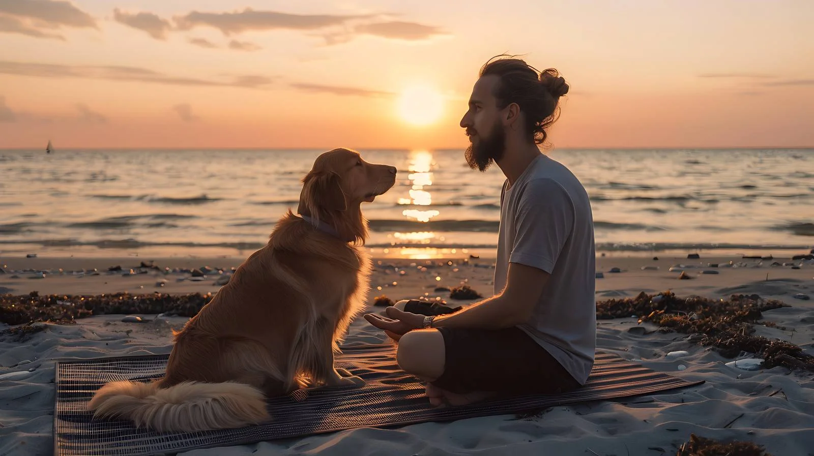 Man with Dog on Beach Mat Playing — free download from Dotvec