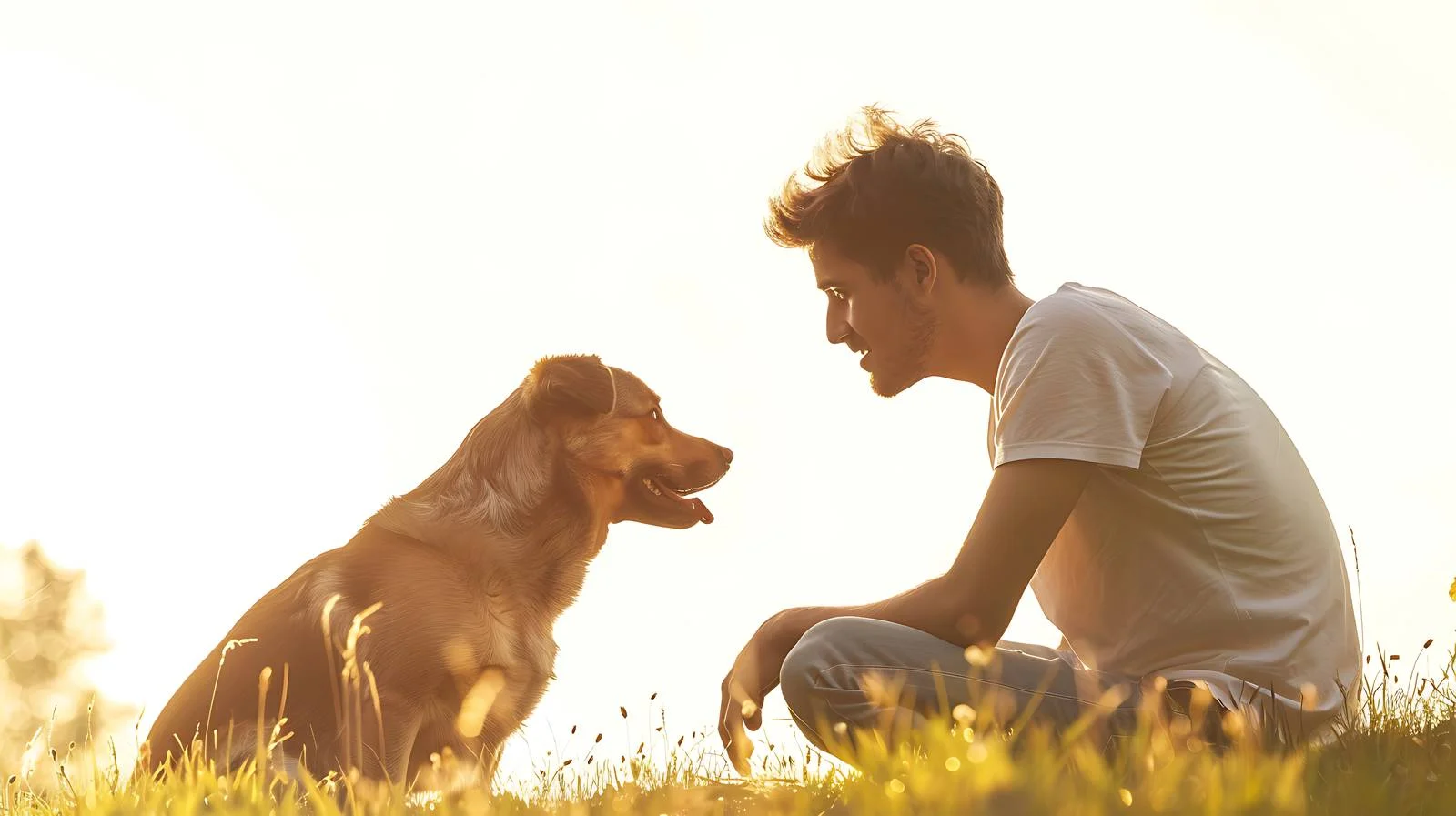 Man and Dog Enjoying Playful Moment on Grass — free download from Dotvec