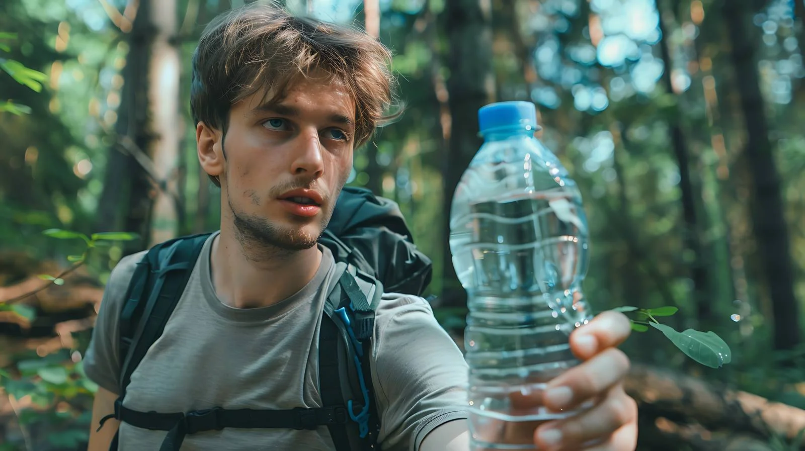 Man showing water bottle in forest — free download from Dotvec