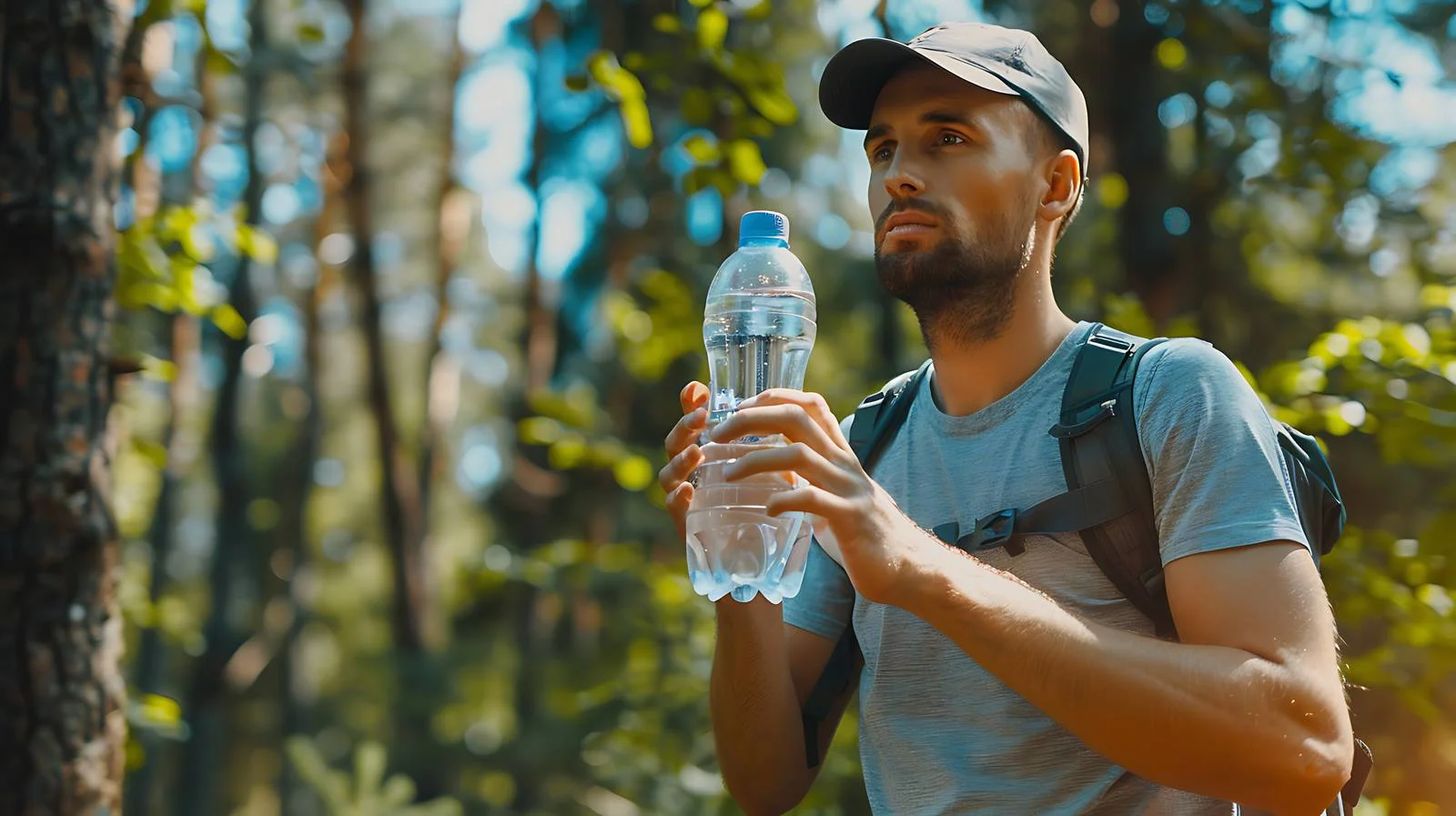 Man with Water Bottle in Hot Forest — free download from Dotvec