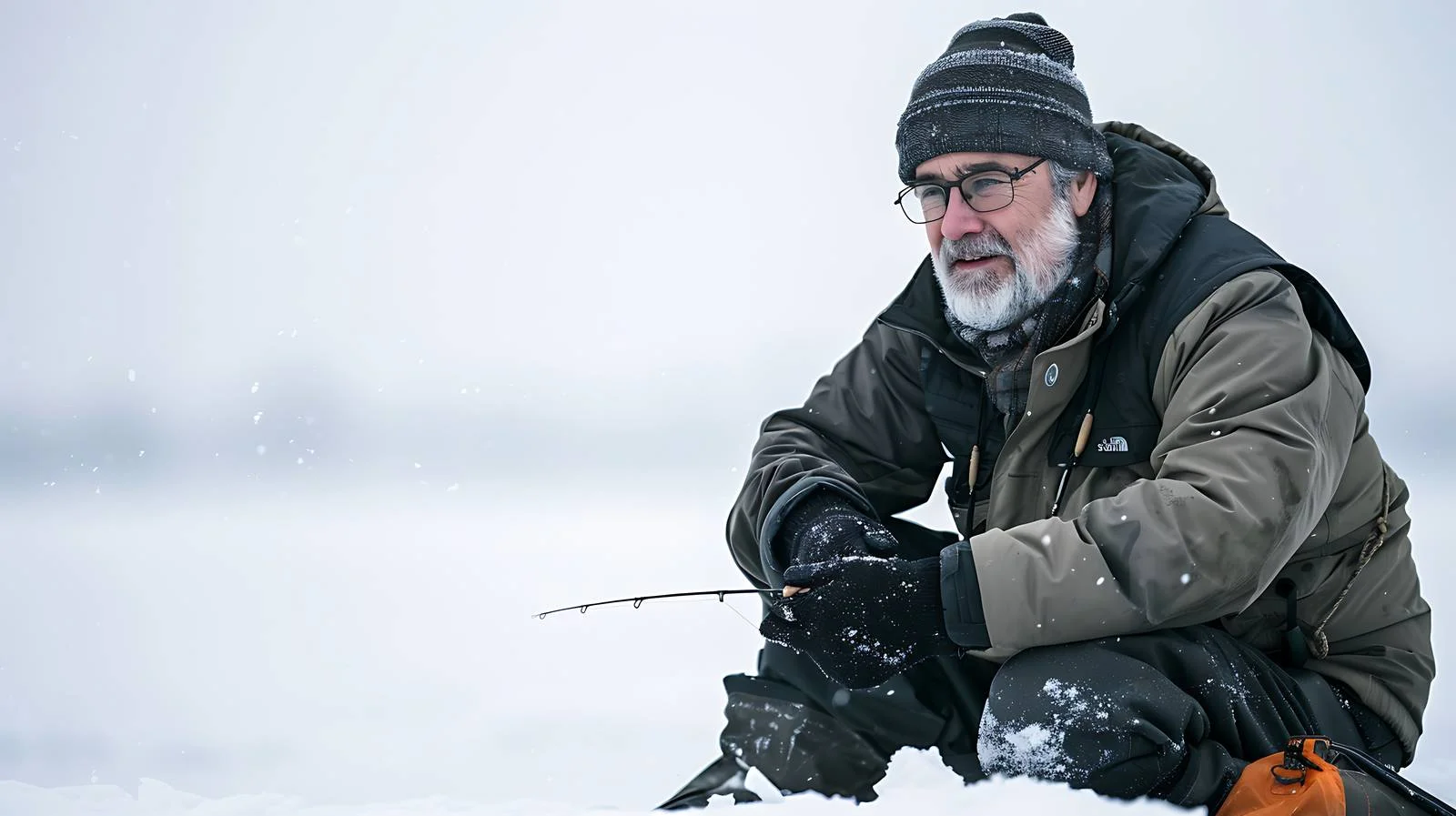 Serene scene: Middle-aged man ice fishing — free download from Dotvec