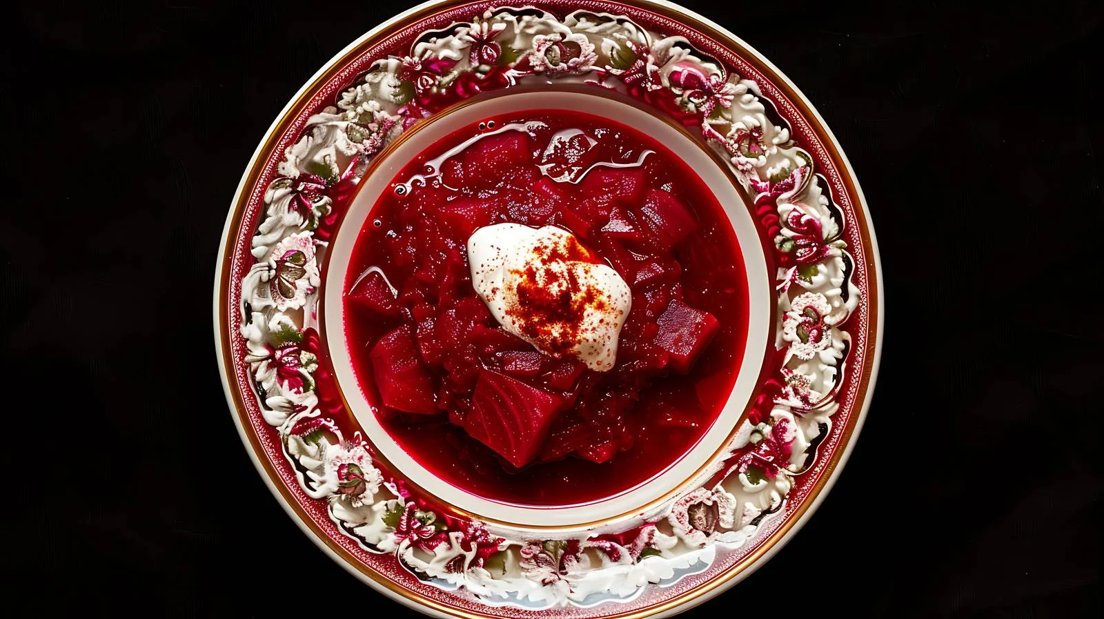Red Beet Borscht on Elegant Black Surface — free download from Dotvec