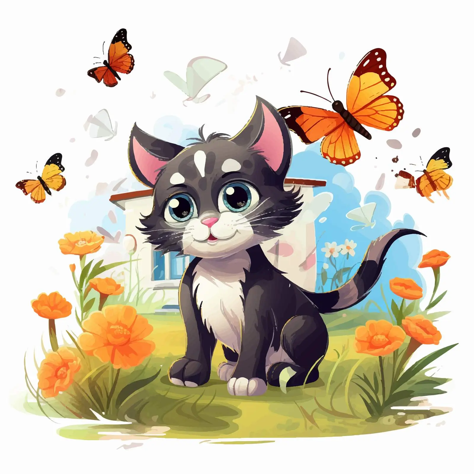 Playful Cat with Butterflies near House — free download from Dotvec