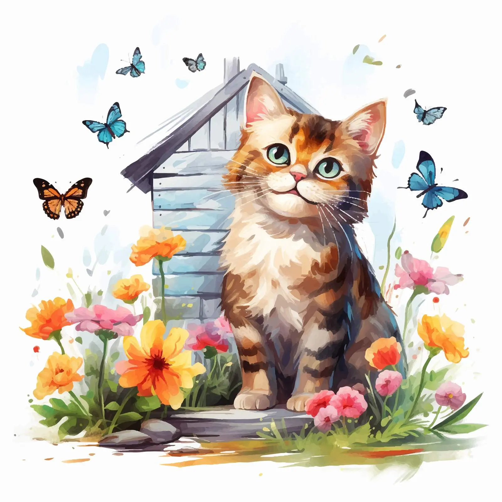 Playful Cat with Butterflies Near a House – free rounded image from Dotvec