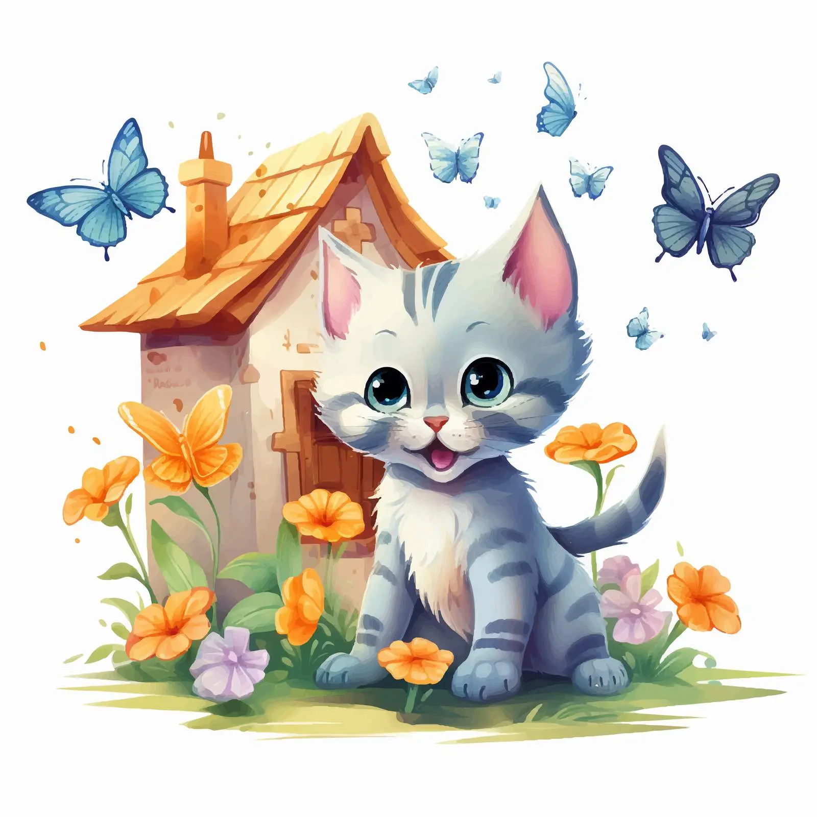 Playful Cat with Butterflies Near House — free download from Dotvec