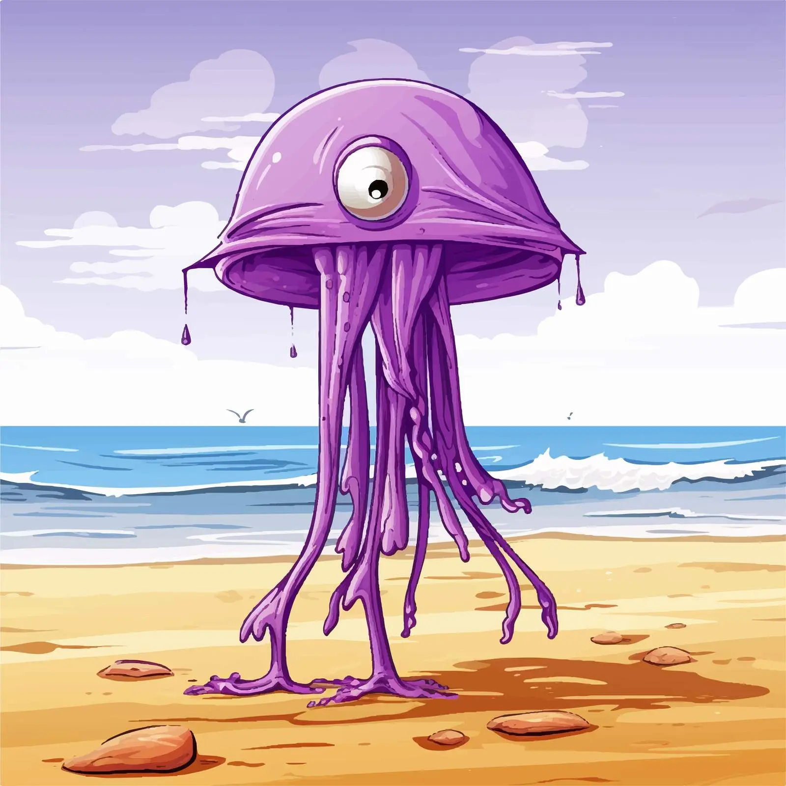 Purple Squid Cartoon Illustration at the Beach – free nautical art image from Dotvec