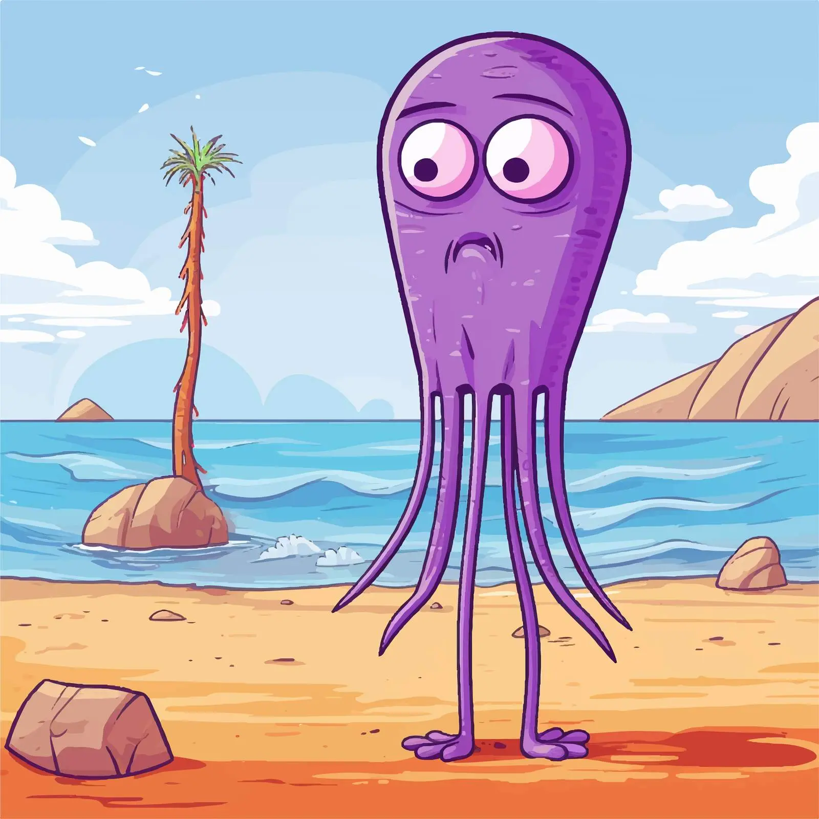 Purple Squid at the Beach Cartoon Vector Illustration — free download from Dotvec