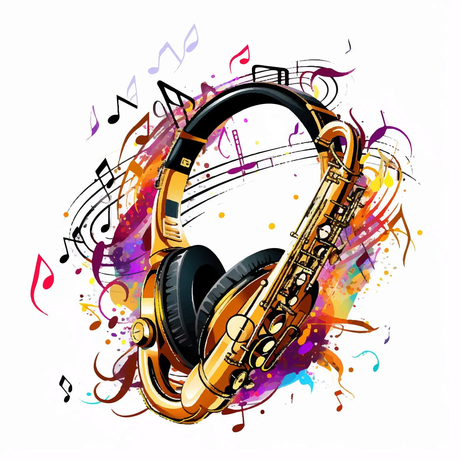 Saxophone and Headphone with Musical Notes Vector — free download from Dotvec
