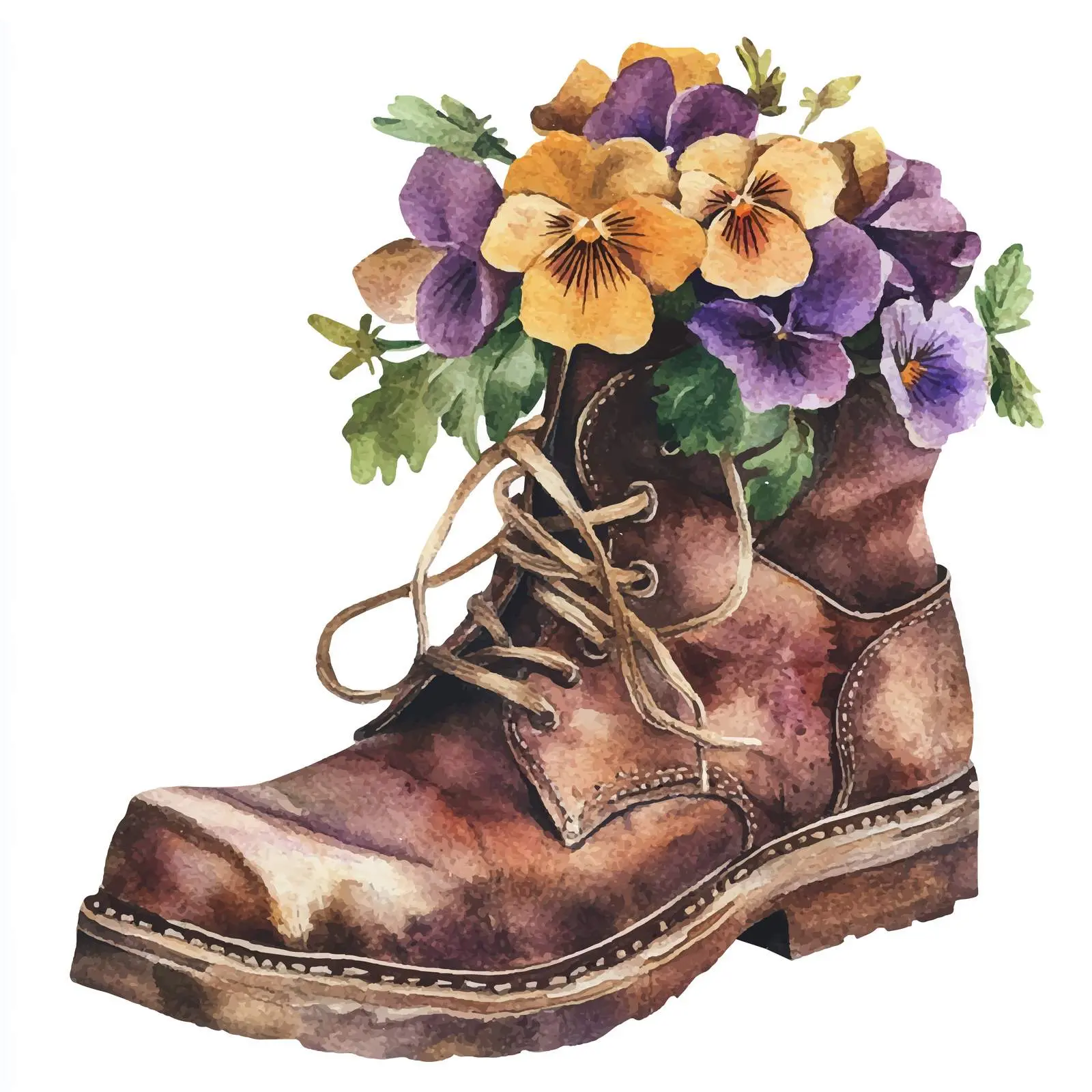 Brown Old Shoe Decorated with Pansies – free flower decoration image from Dotvec