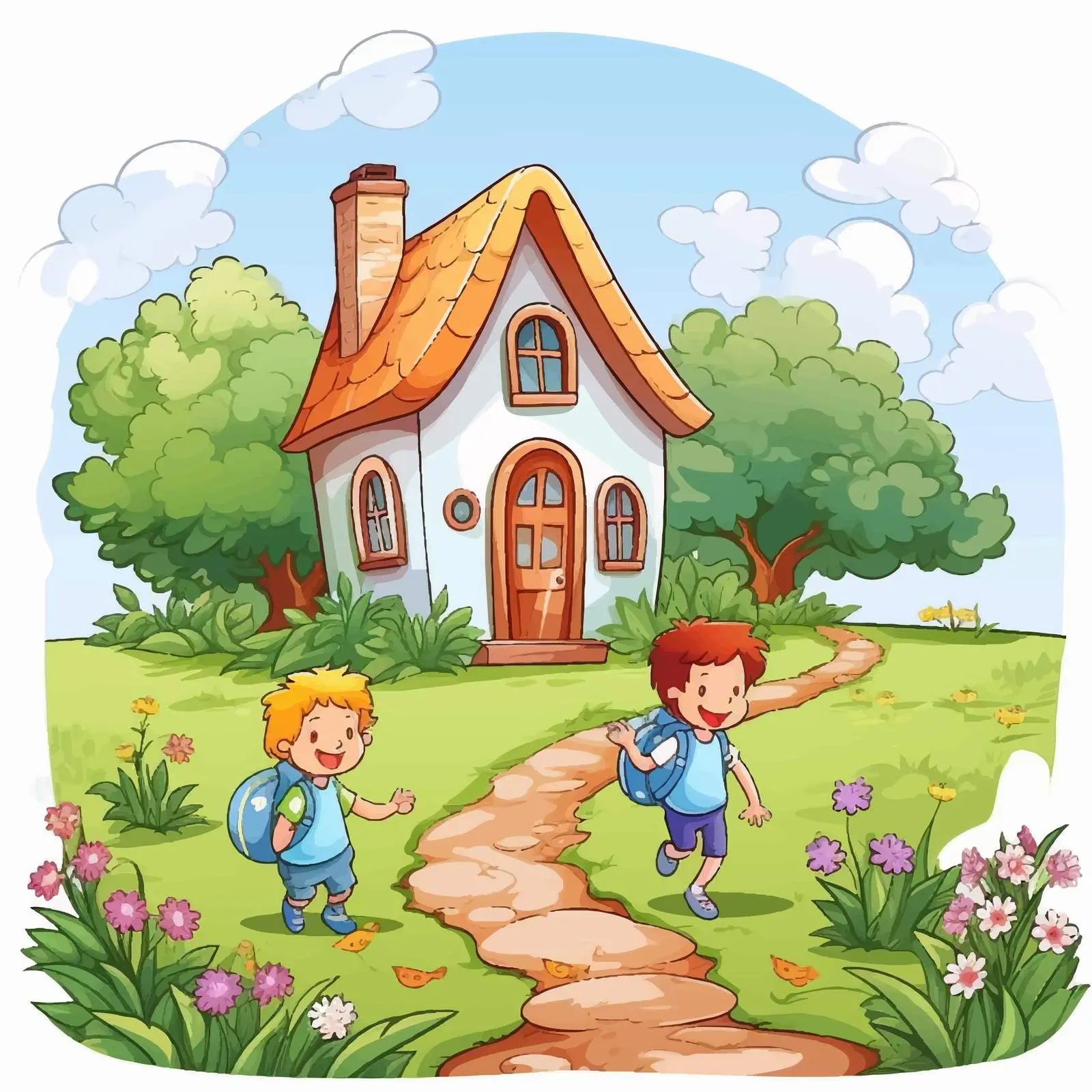 Kids Playing Near House in Nature Illustration — free download from Dotvec