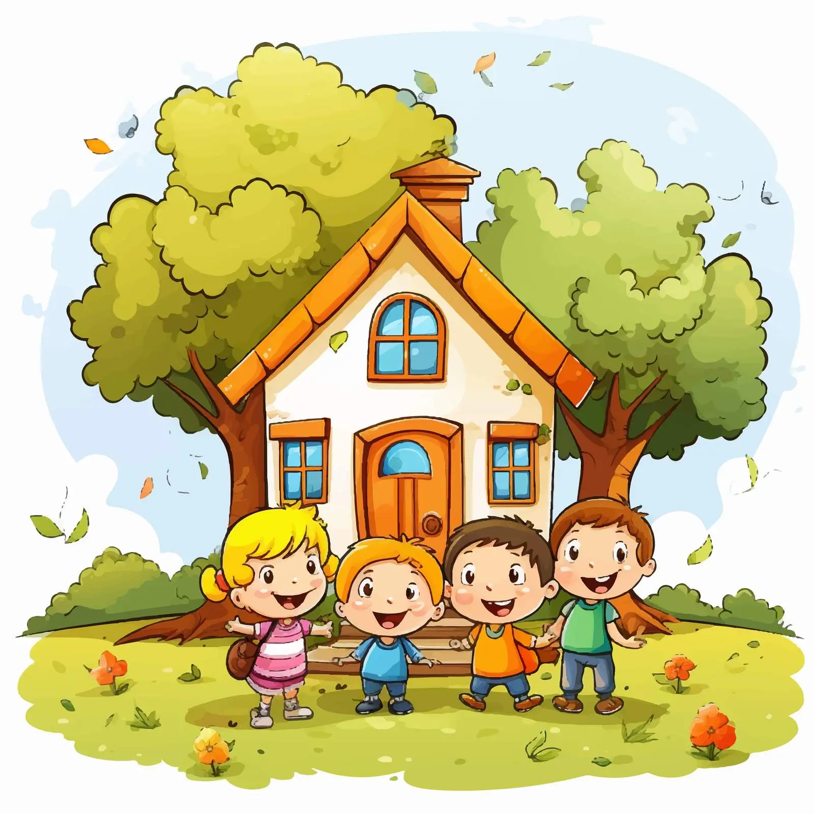 Children Playing Near House in Nature Illustration — free download from Dotvec