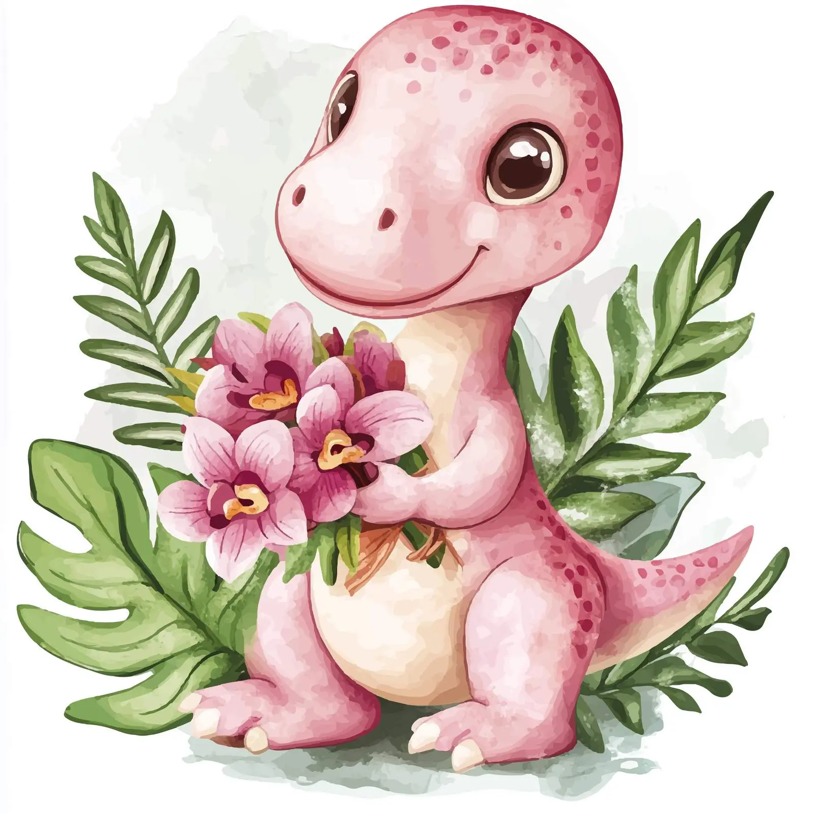Cute Pink Dinosaur with Orchid Bouquet — free download from Dotvec