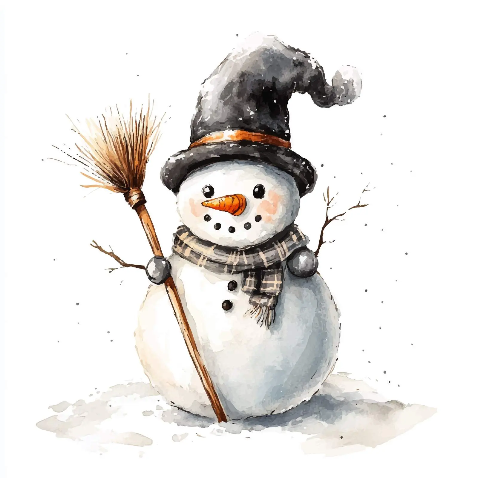 Snowman with Black Hat and Broom Watercolor – free frosty image from Dotvec