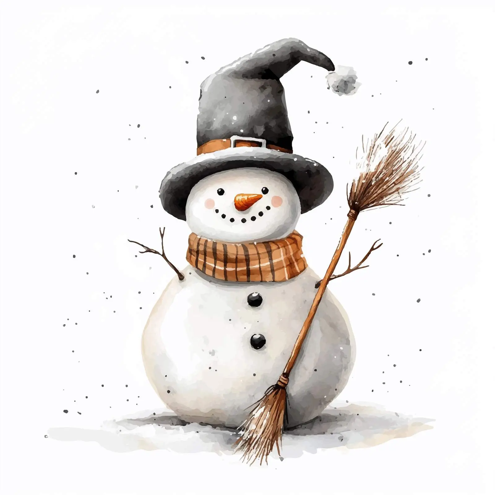 Snowman with Black Hat and Broom Watercolor Art – free frosty image from Dotvec