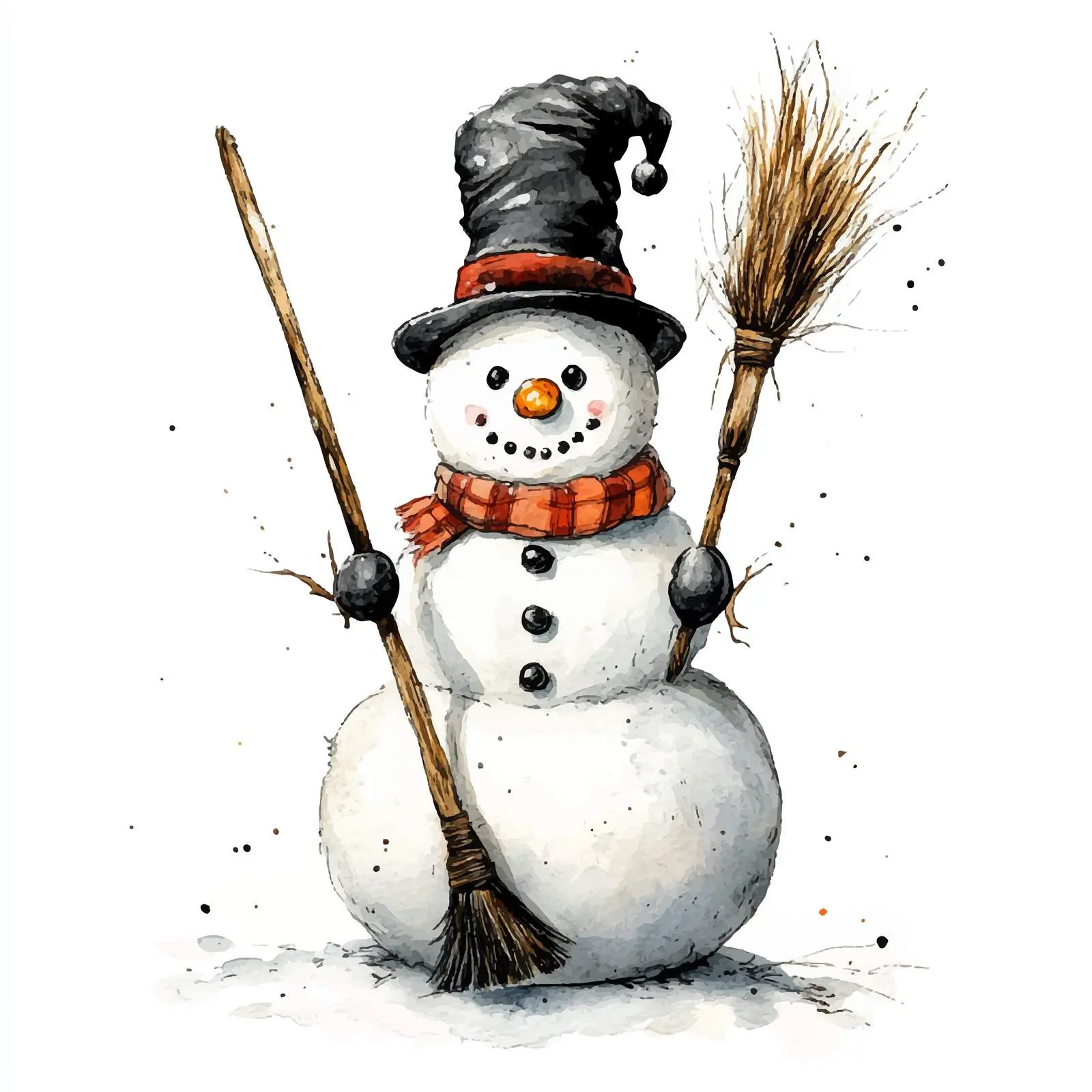 Snowman with Black Hat and Broom Watercolor — free download from Dotvec