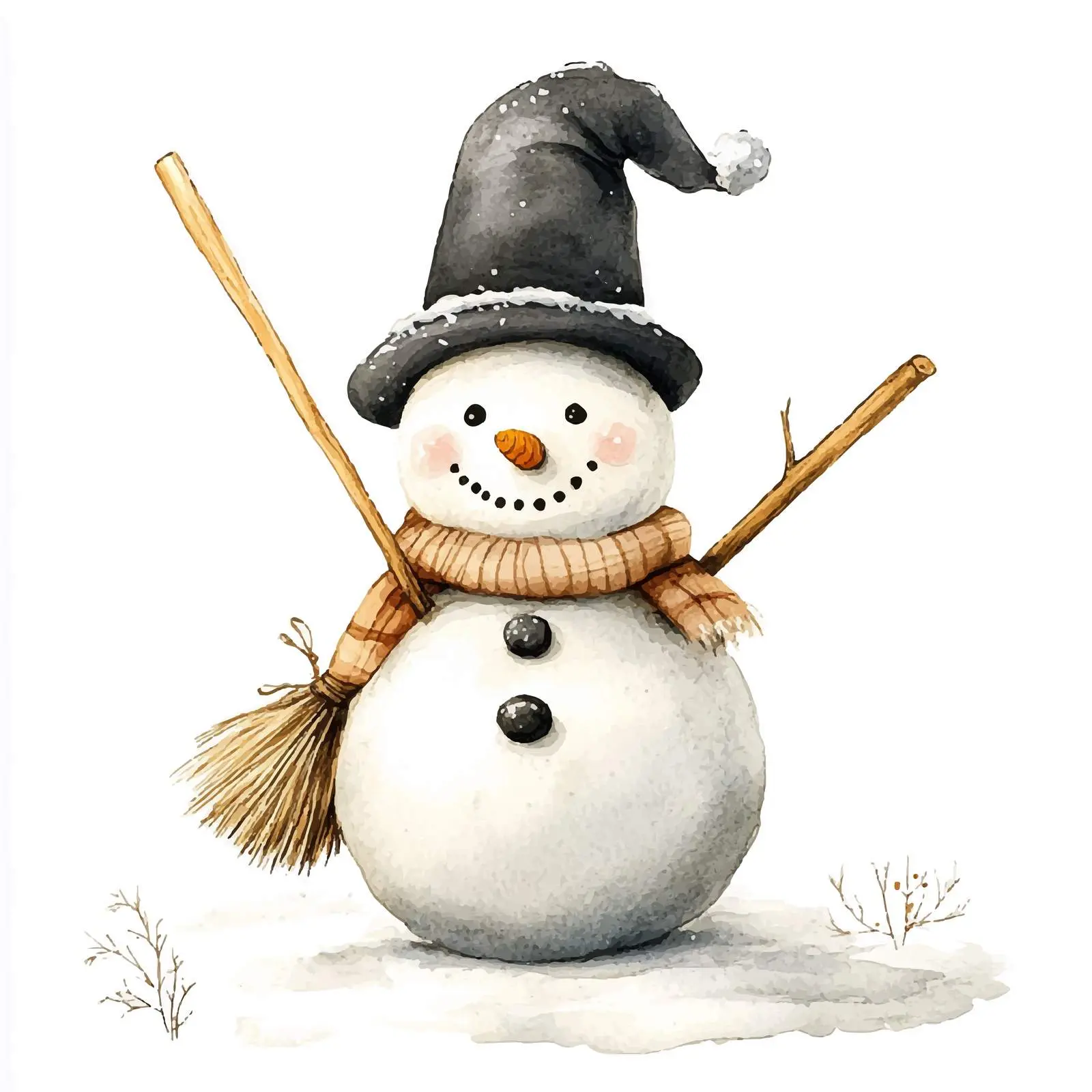 Snowman with Black Hat and Broom in Watercolor – free frosty image from Dotvec