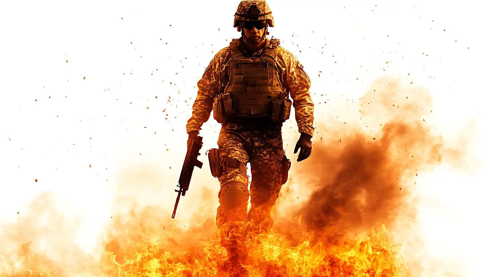 Soldier with Gun in Isolation Against Fire – free strength image from Dotvec