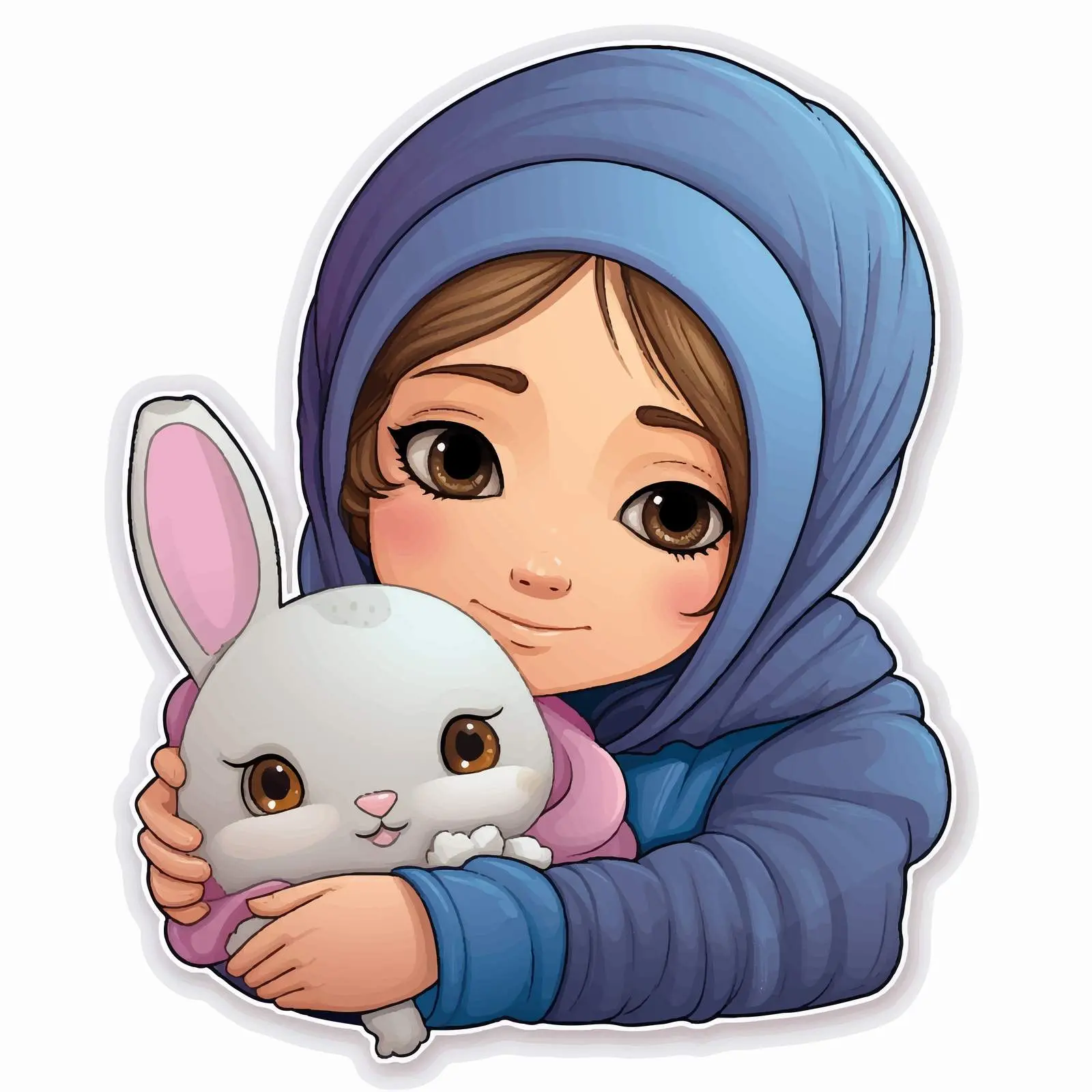 Muslim Girl Cuddling Pillow and Rabbit Sticker — free download from Dotvec
