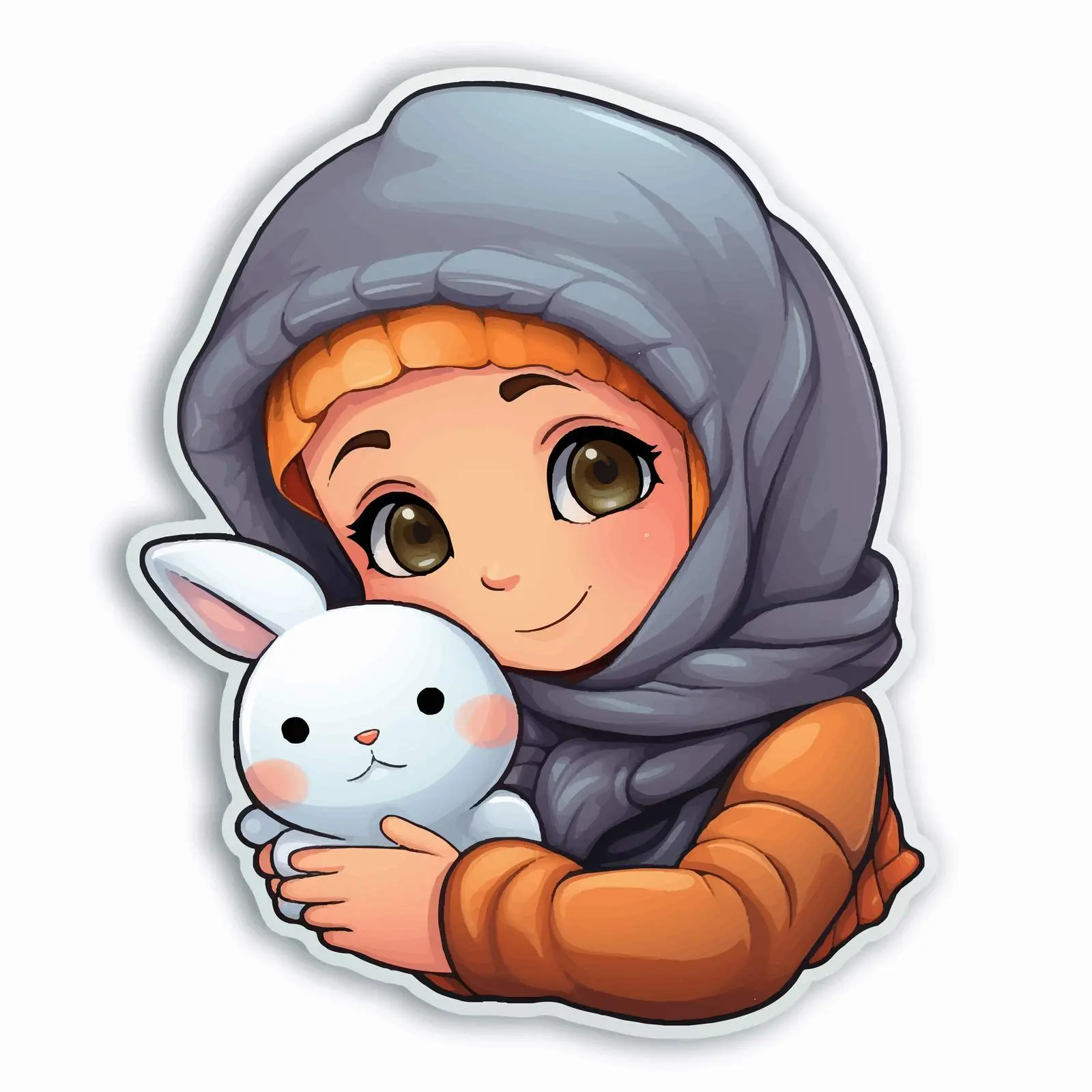 Muslim Girl Hugging Pillow and Rabbit Sticker Template — free download from Dotvec