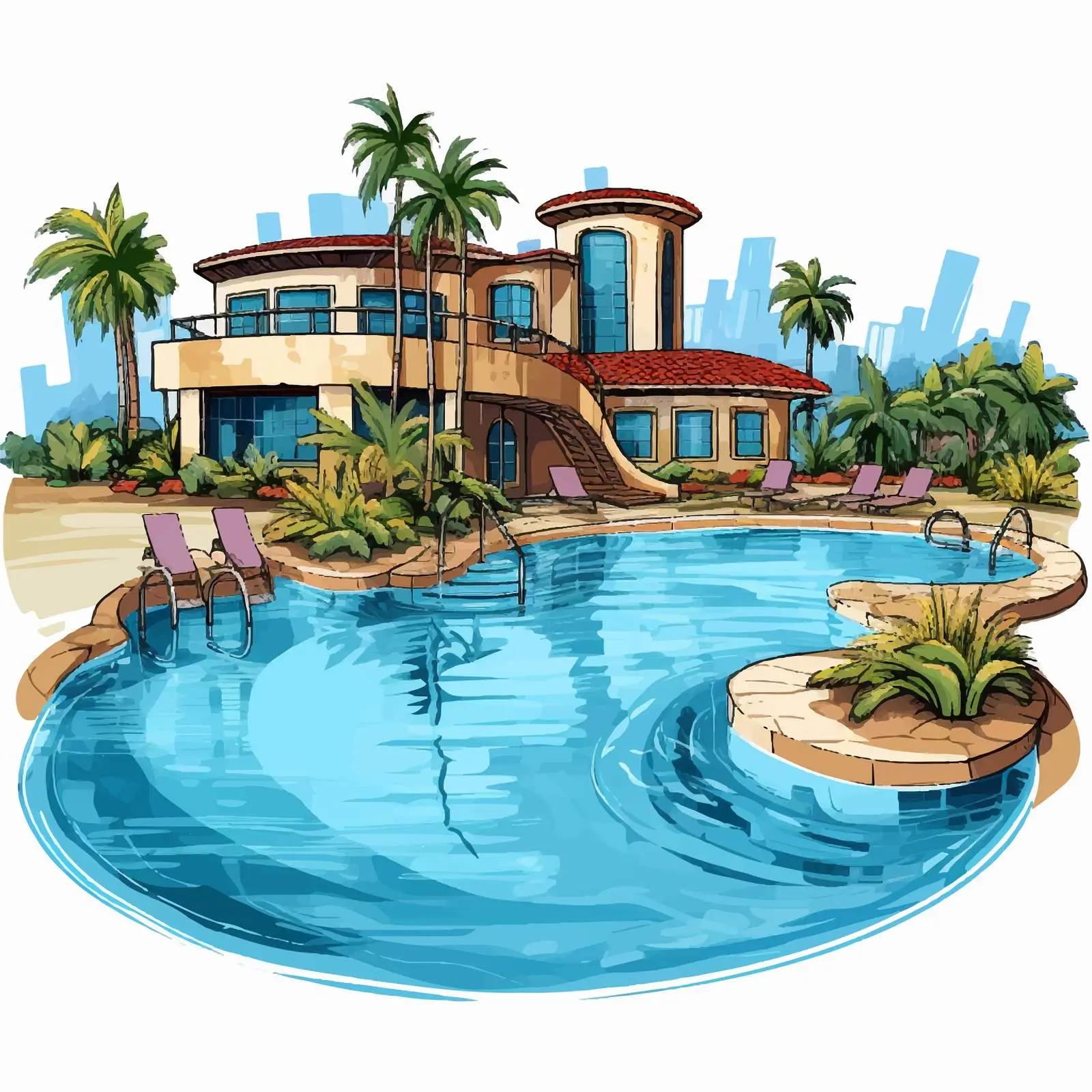 Cartoon Vector of Swimming Pool and Resort — free download from Dotvec