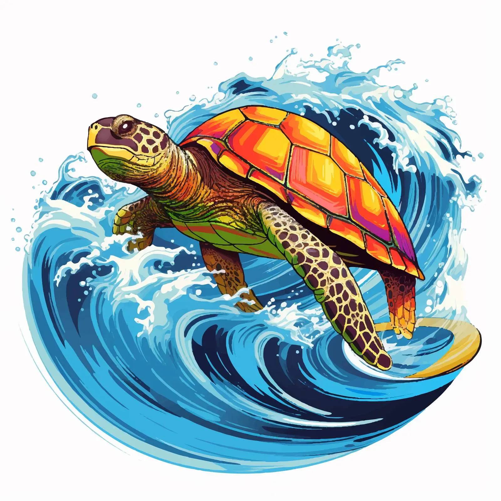 Cartoon Turtle Surfing on Colorful Wave Vector — free download from Dotvec