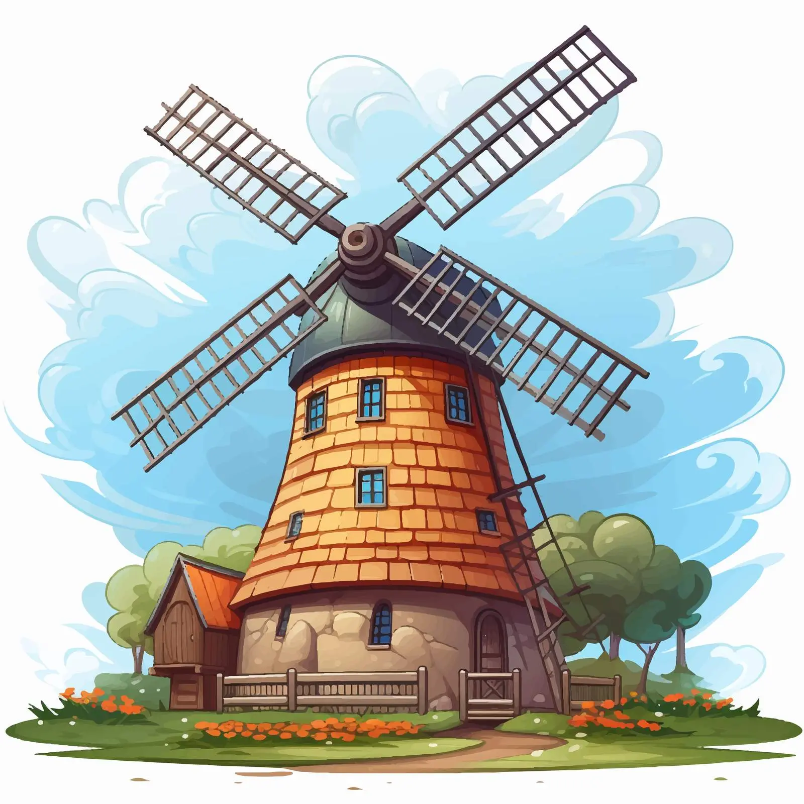 Windmill and Dairy Farm Vector Illustration — free download from Dotvec