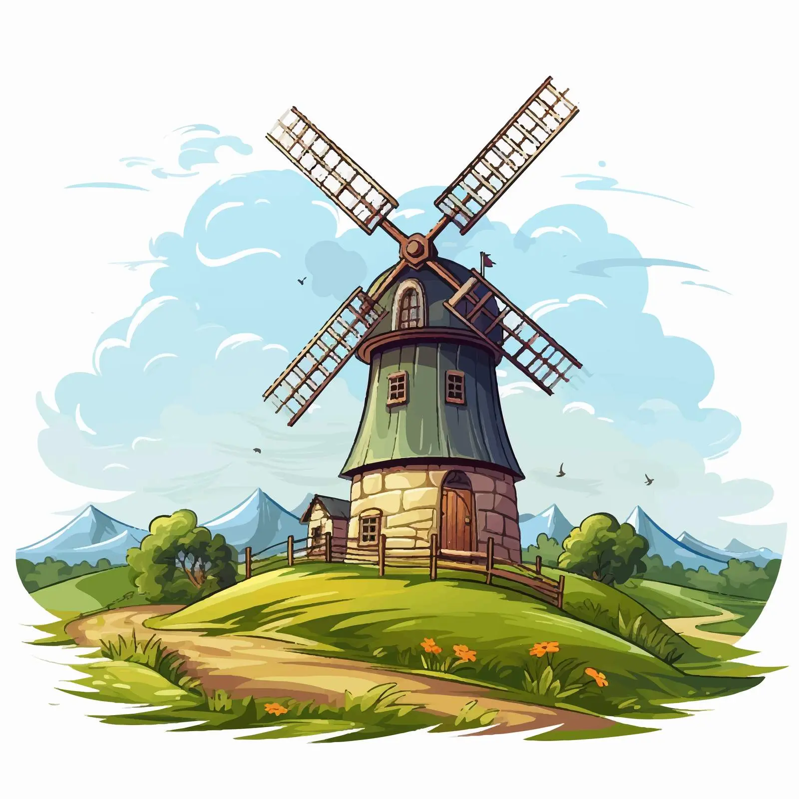 Windmill and Dairy Farm Vector Illustration — free download from Dotvec