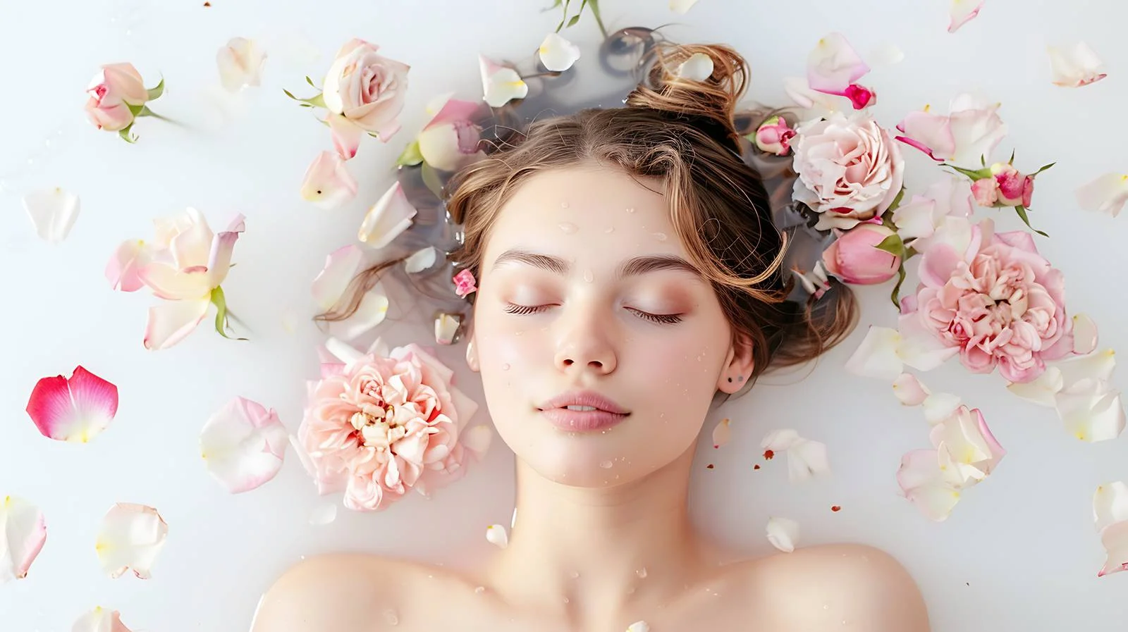 Serene woman relaxing in milky bathwater — free download from Dotvec