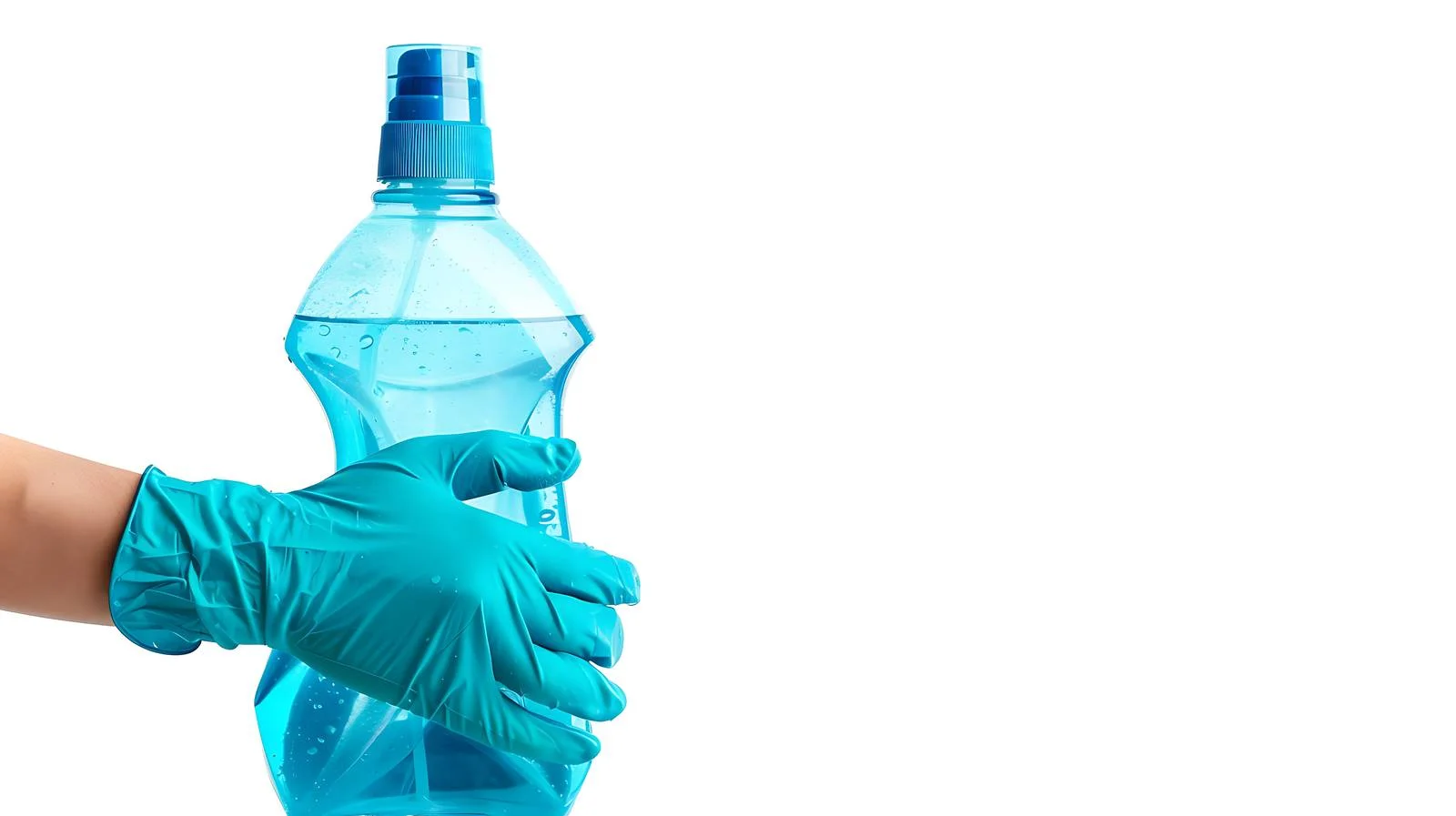 Female hand in blue gloves with bottle — free download from Dotvec