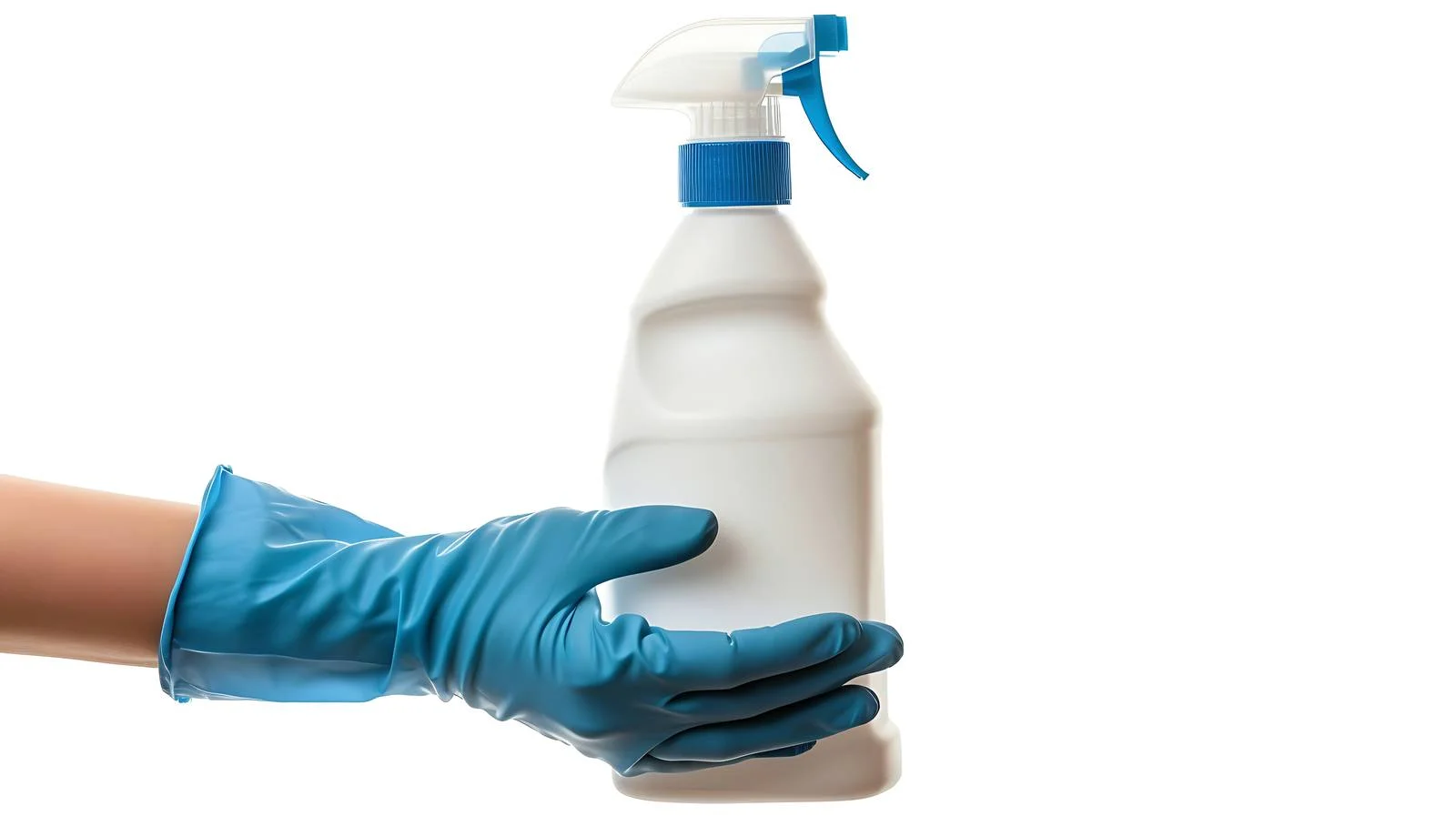 Female hand in blue gloves holding bottle — free download from Dotvec