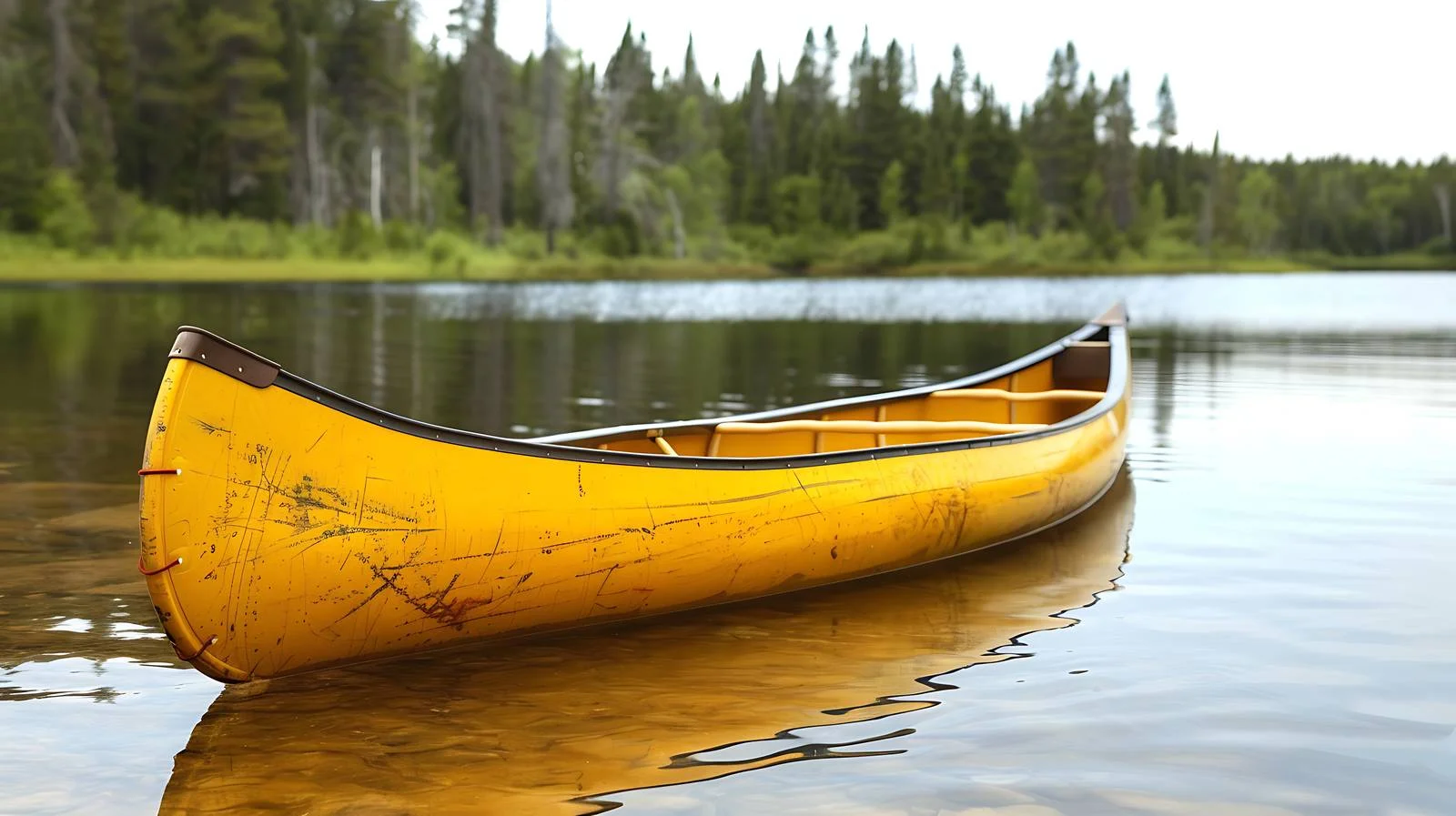 Tranquil yellow canoe glides Minnesota lake — free download from Dotvec