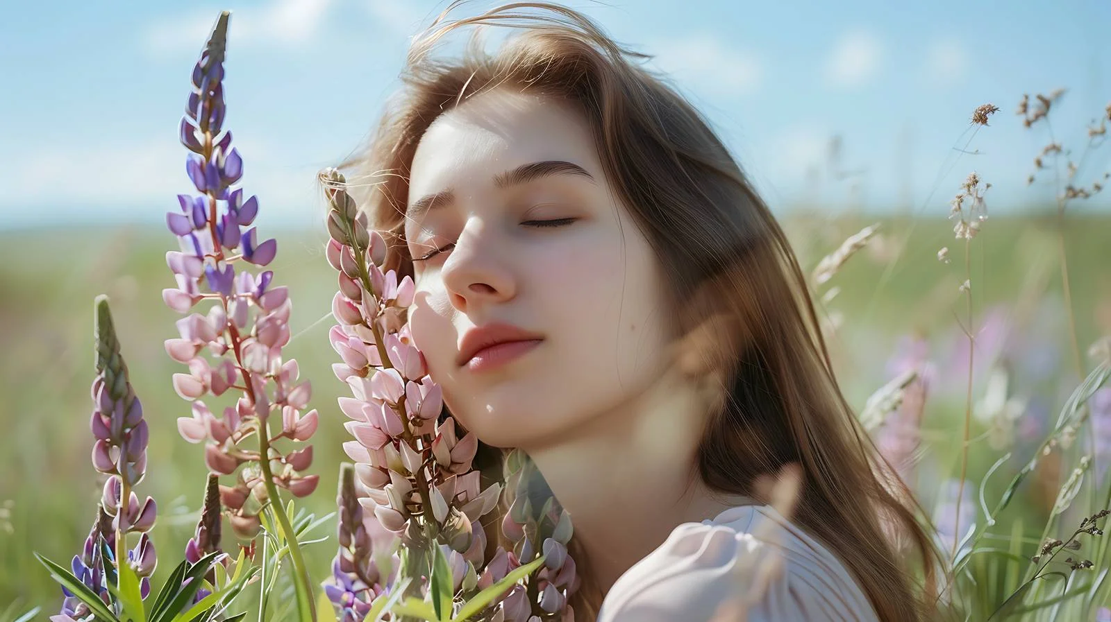 Elegant Woman Holding Lupine Bouquet Outdoors — free download from Dotvec