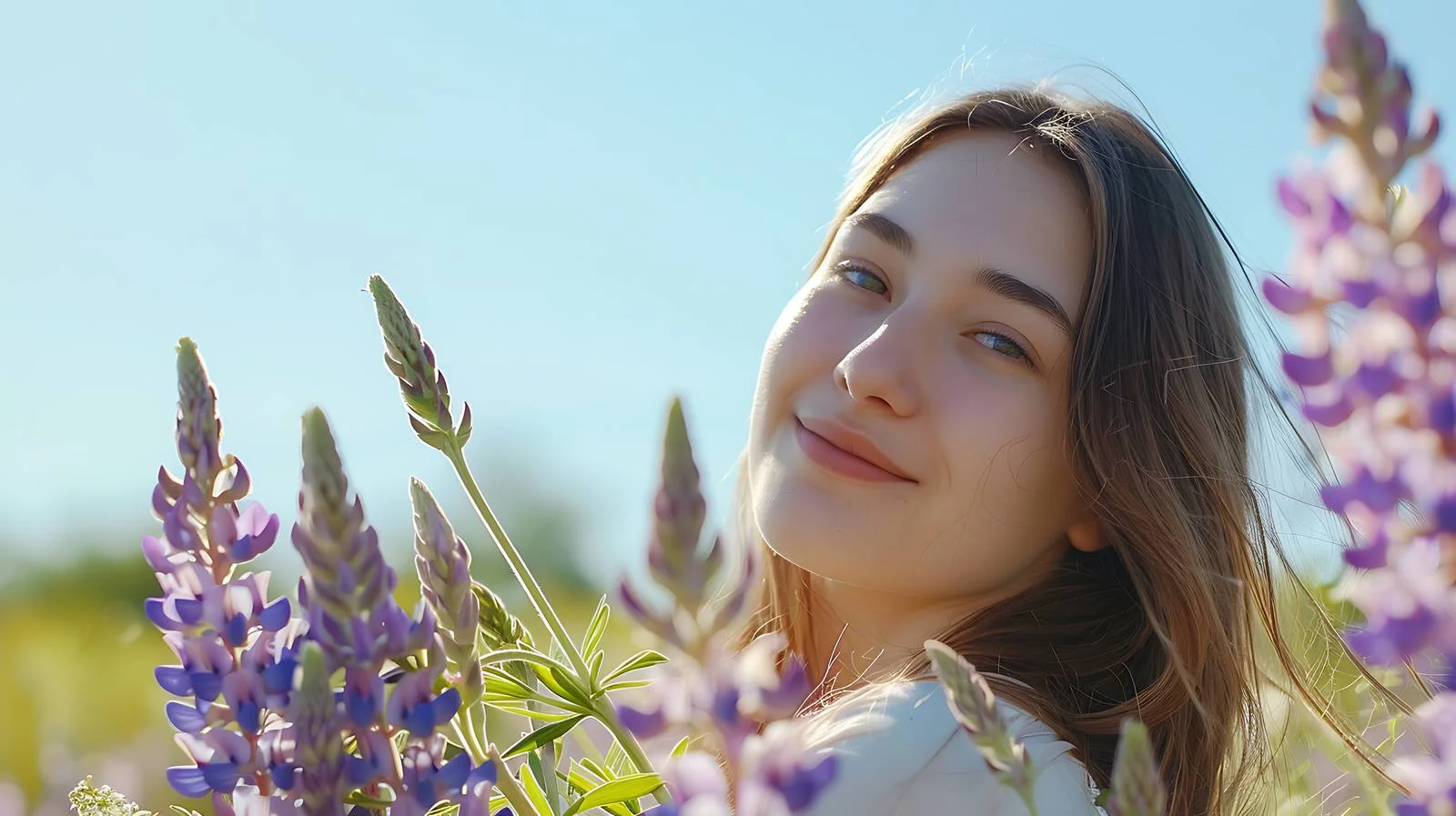 Beaming woman holding lupine flowers — free download from Dotvec
