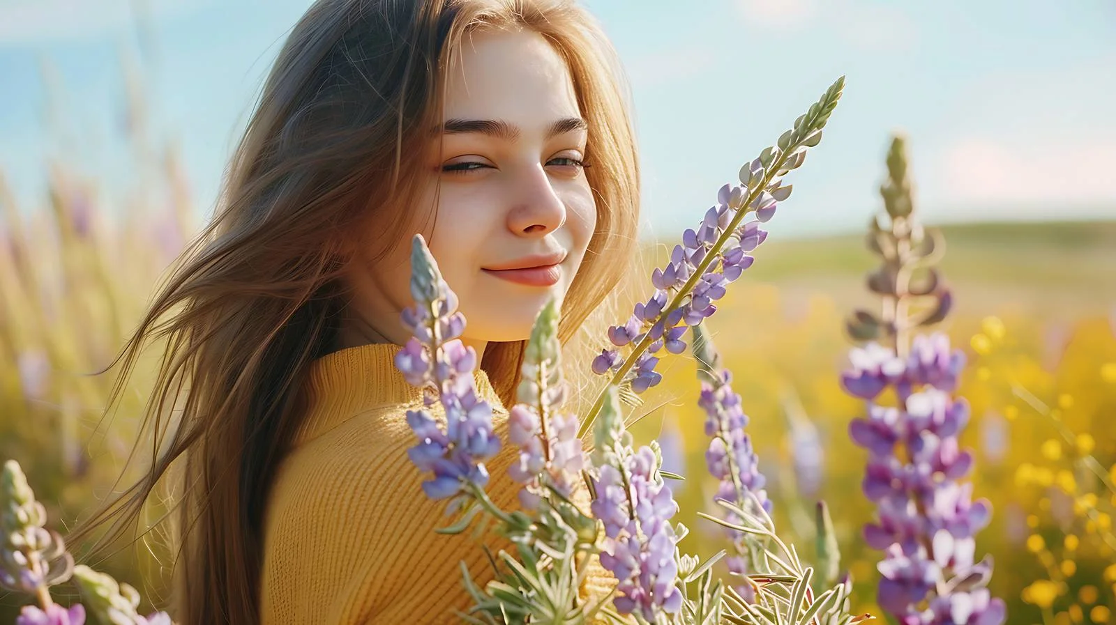 Graceful Lady Holding Lupine Bouquet Outdoors — free download from Dotvec