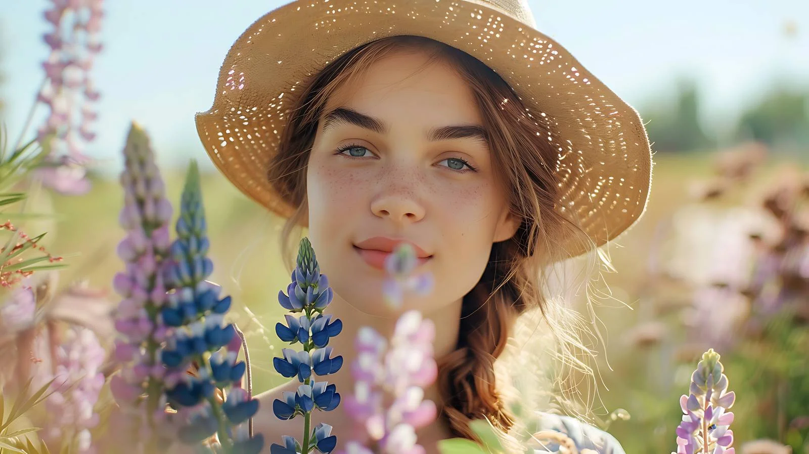 Graceful Woman Holding Lupine Bouquet Outdoors — free download from Dotvec