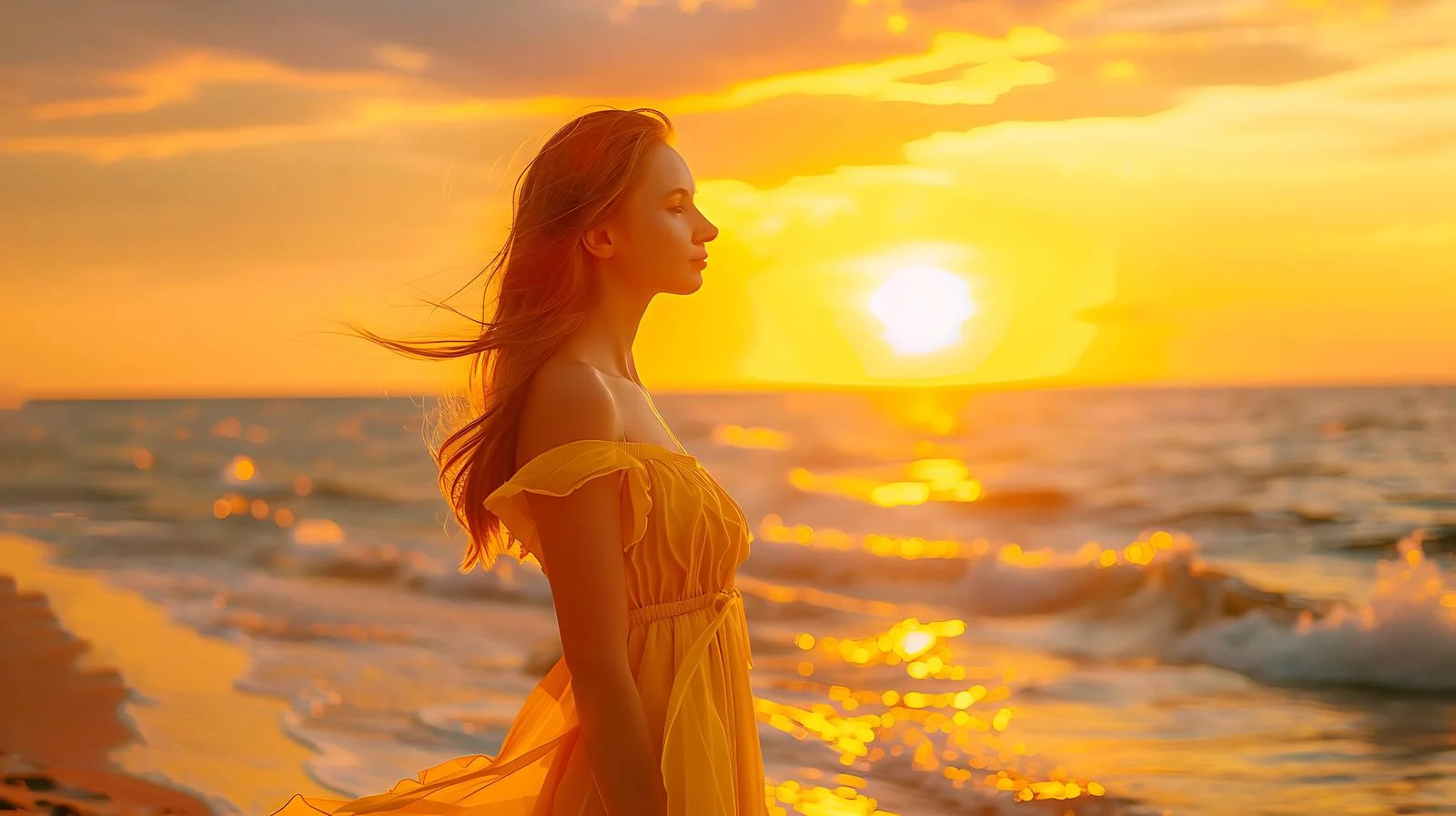 Elegant young lady in yellow dress poses — free download from Dotvec