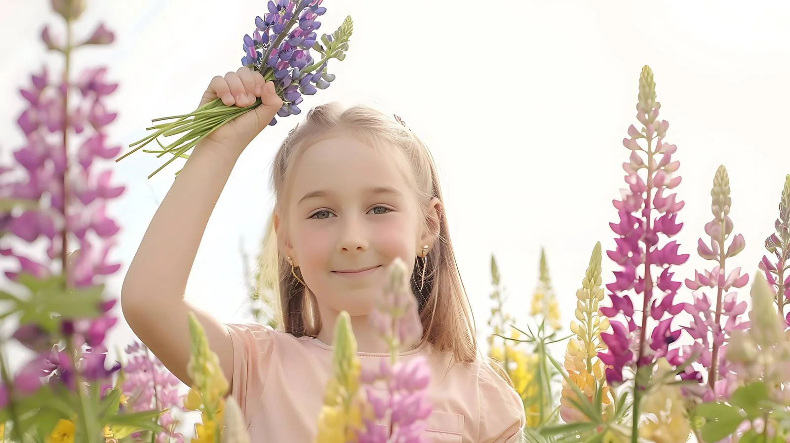 Innocent girl with lupin flower bouquet — free download from Dotvec