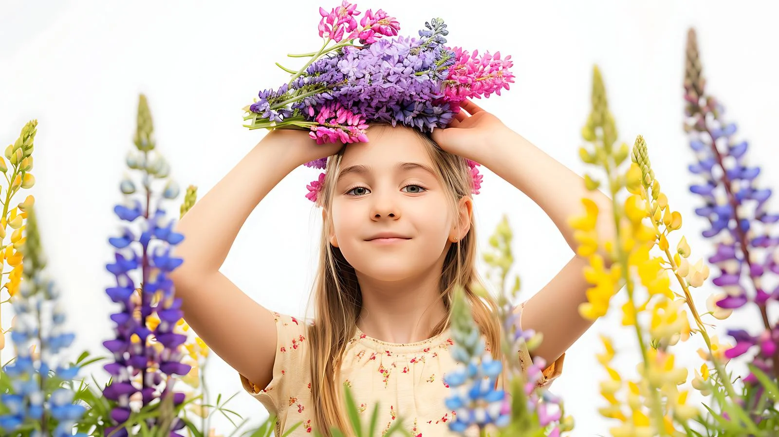 Adorable girl with lupin flower bouquet — free download from Dotvec