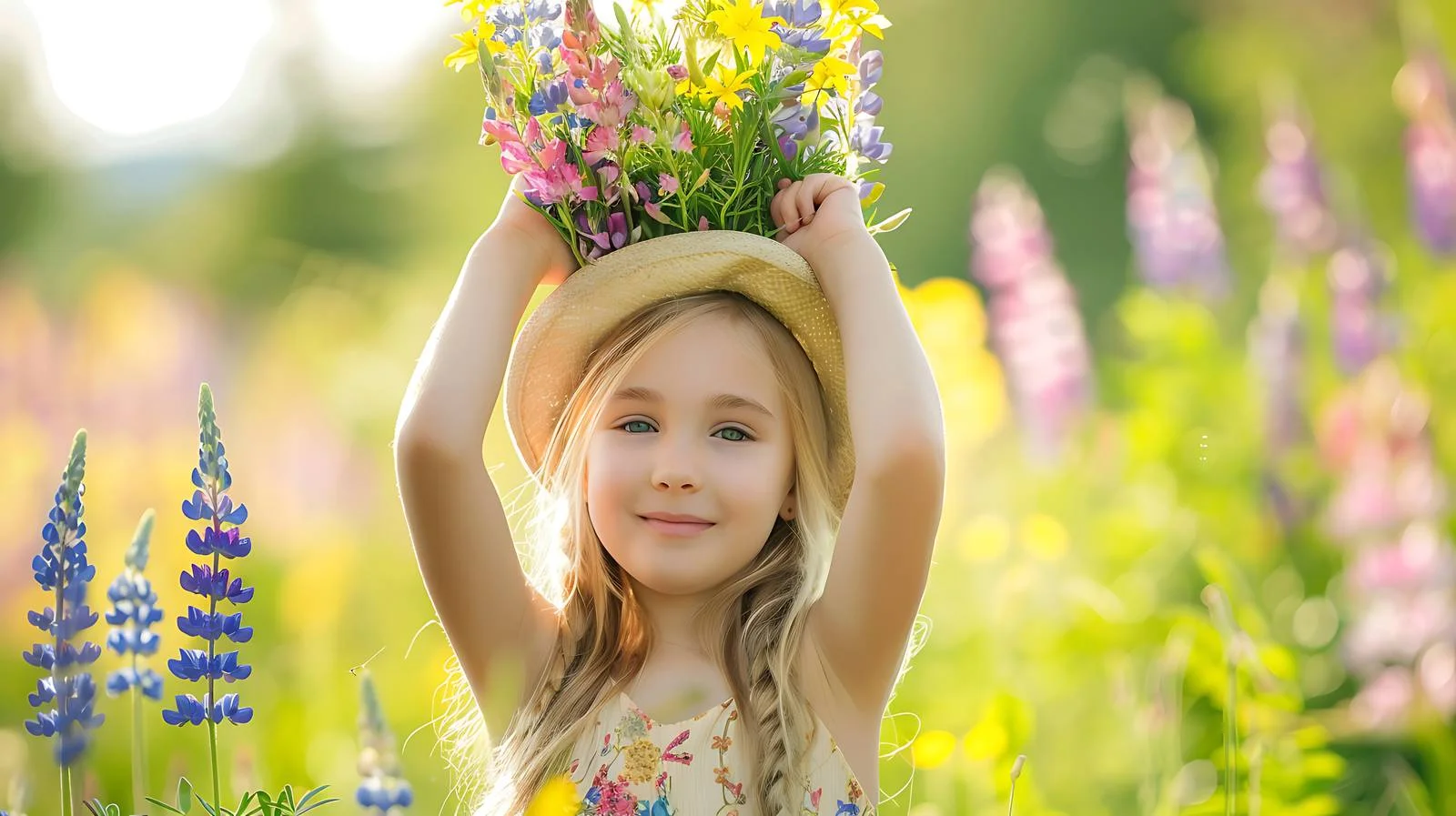 Smiling girl with lupins bouquet outdoors — free download from Dotvec