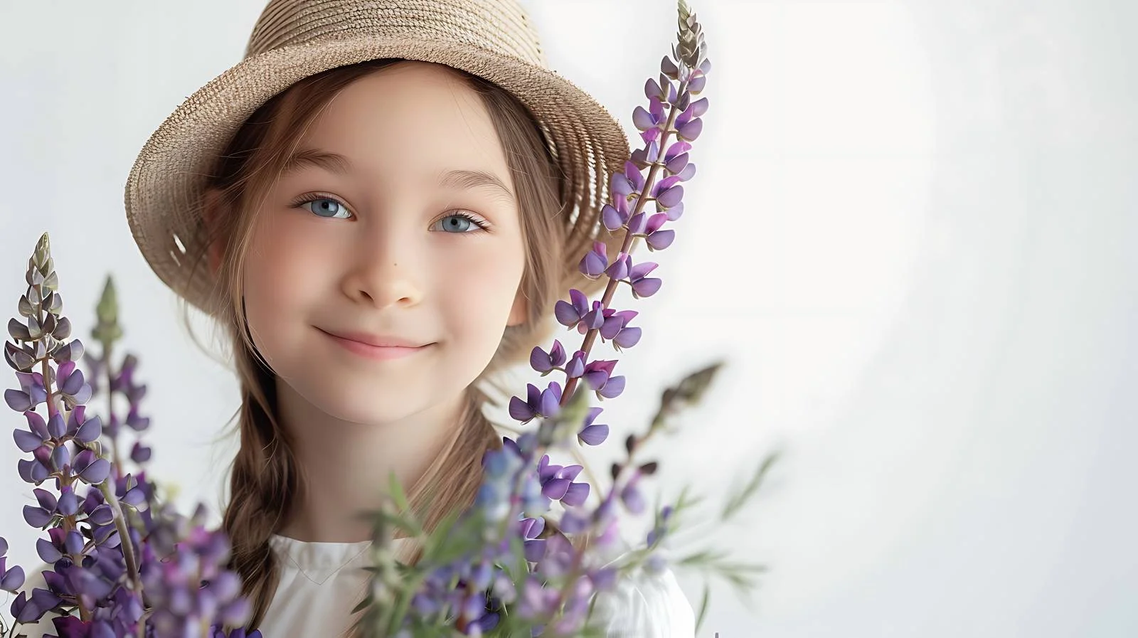 Youthful girl holding lupine flower bouquet — free download from Dotvec